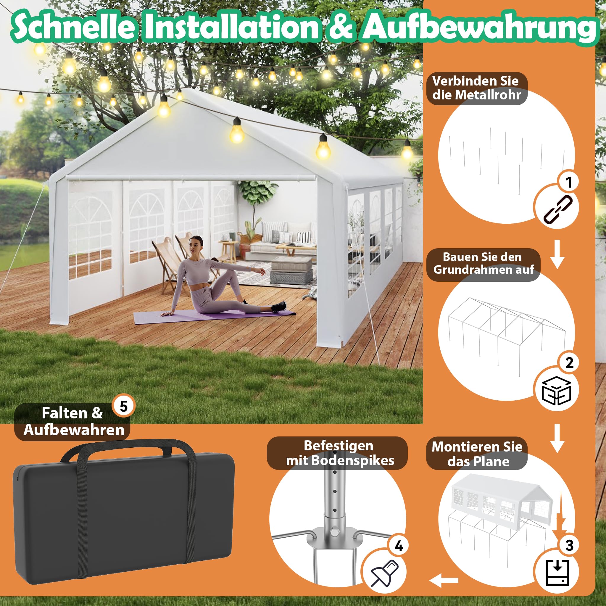 YRHome Namiot imprezowy premium 4 x 8 m z częściami bocznymi, wodoszczelny, stabilny, odporny na warunki zimowe, okna w ścianach bocznych, namiot ogrodowy, duży namiot, namiot kompaktowy, zadaszenie z