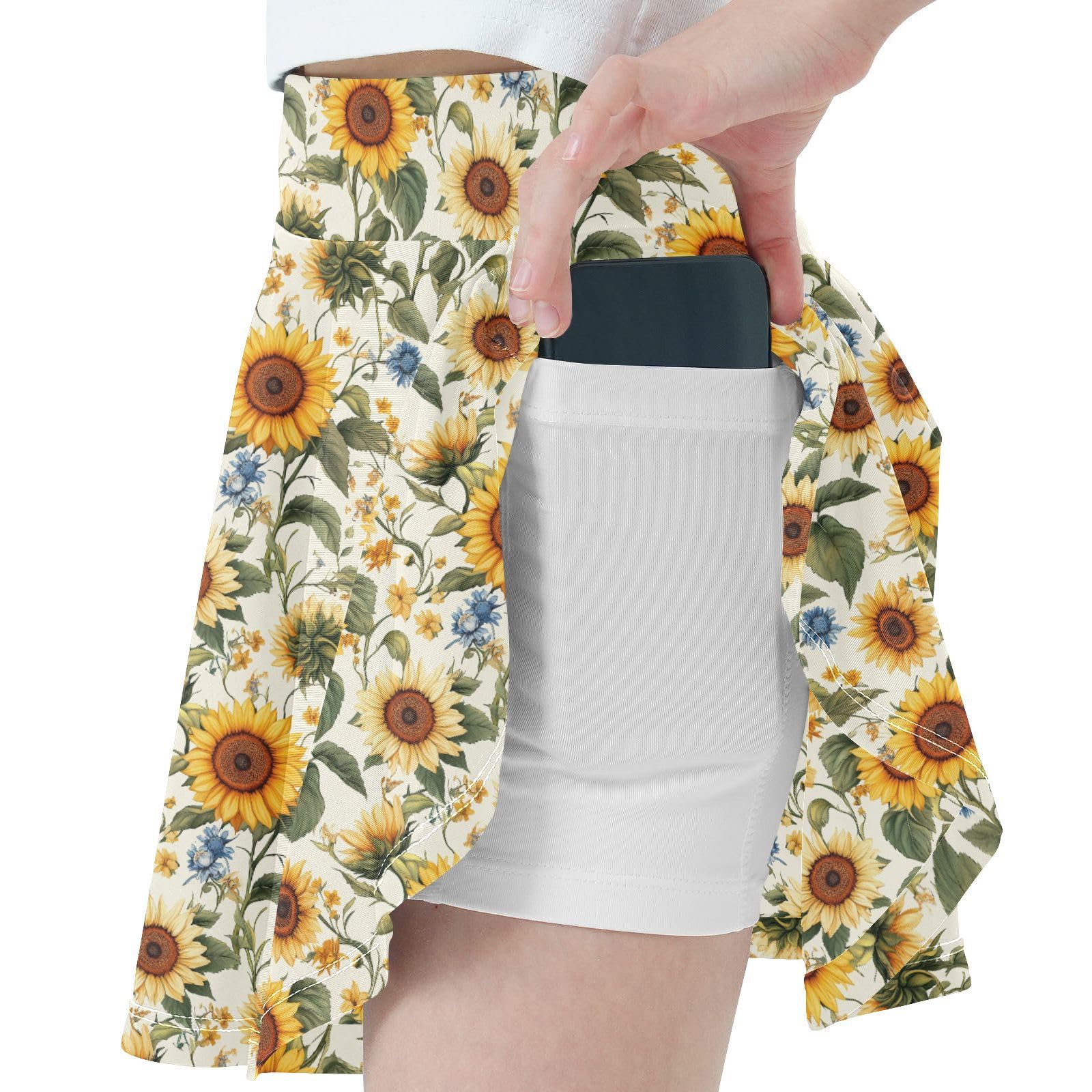 JUNZAN Sunflowers Flowy Girls Tennis Skirt with Shorts Cheerleading Skirts Girl Golf SkirtWith Pockets