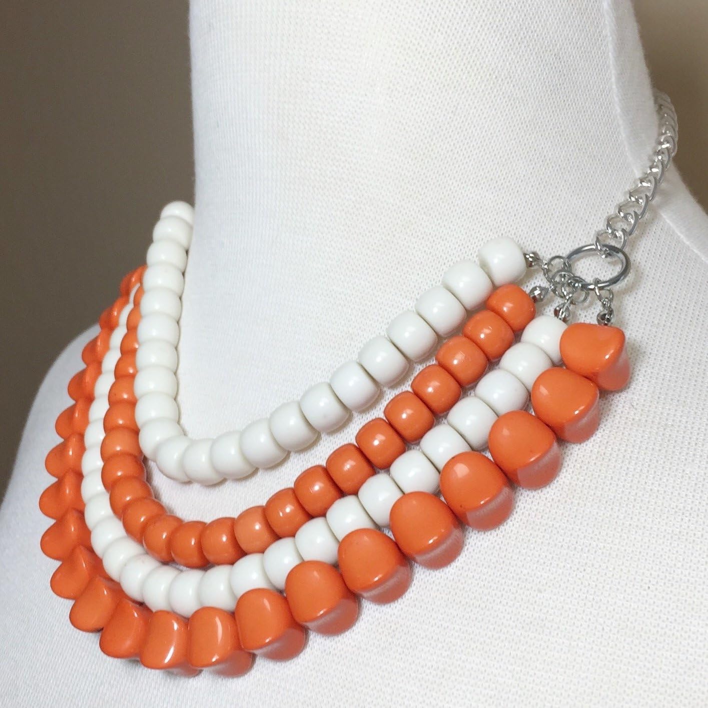 Gypsy Jewels 4 Row Layered Bib Beaded Statement Necklace & Earrings Set (Orange & White)