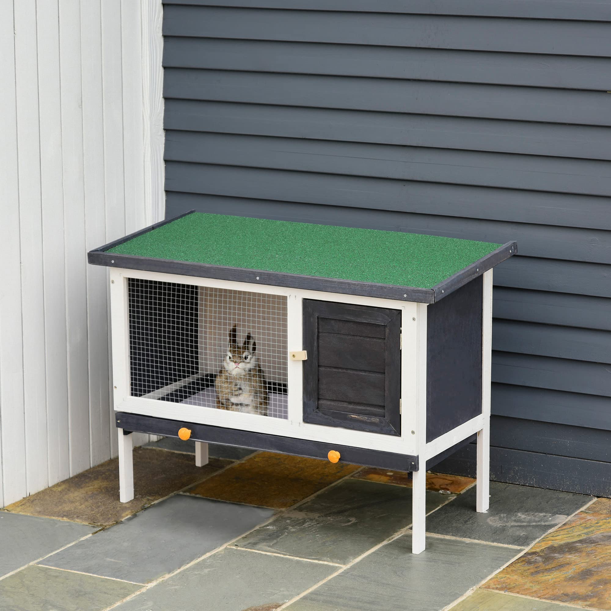 PawHut Conejera de Madera Exterior Jaula Elevada para Conejos Cobayas 90x45x65 cm Negro