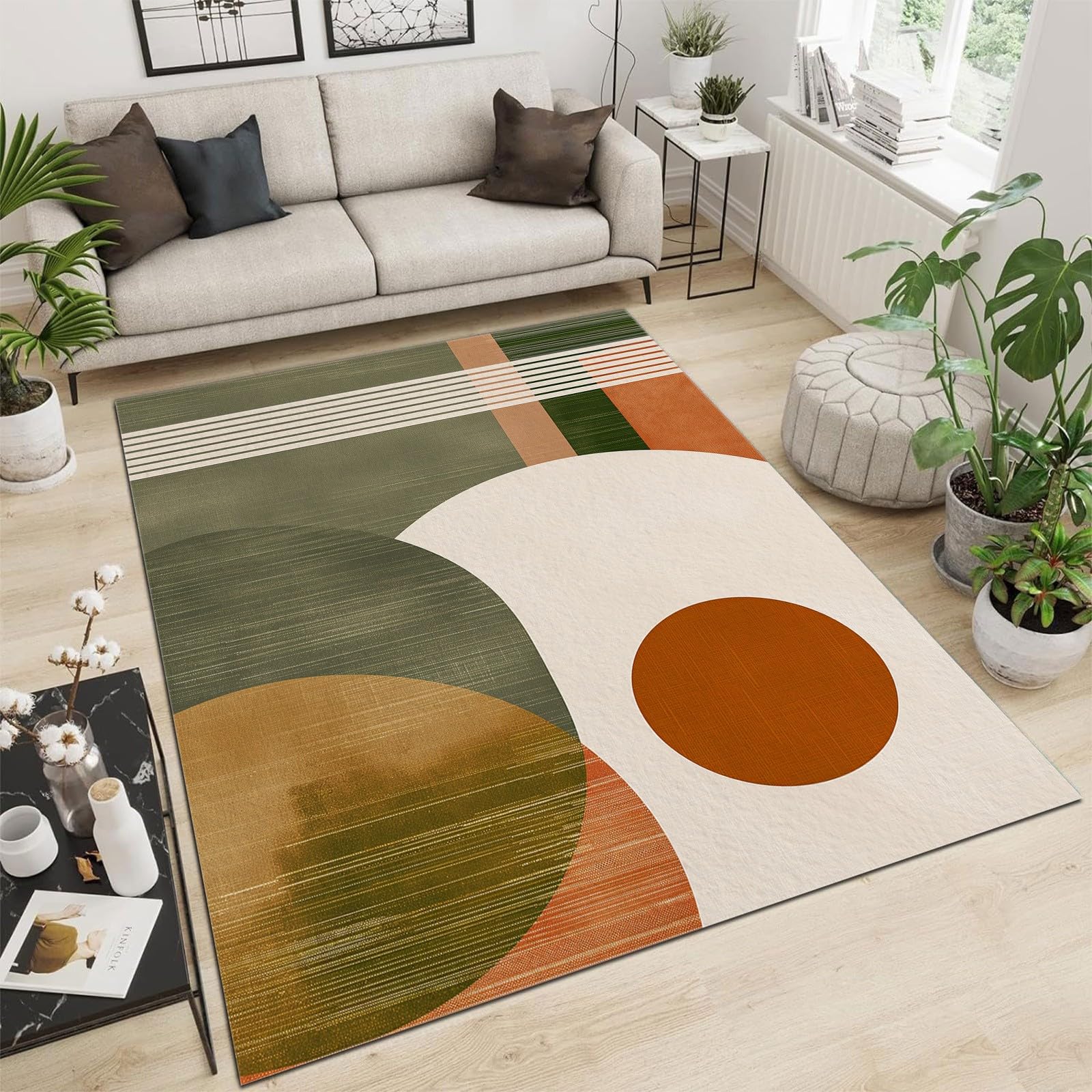 Tapis Salon Lignes Géométriques Modernes Abstraites Cercles Vert Olive Lavable Pile Courte et Douce, Rectangulaire Tapis Chambre Intérieur Extérieur Dessous antidérapant 160x230 cm