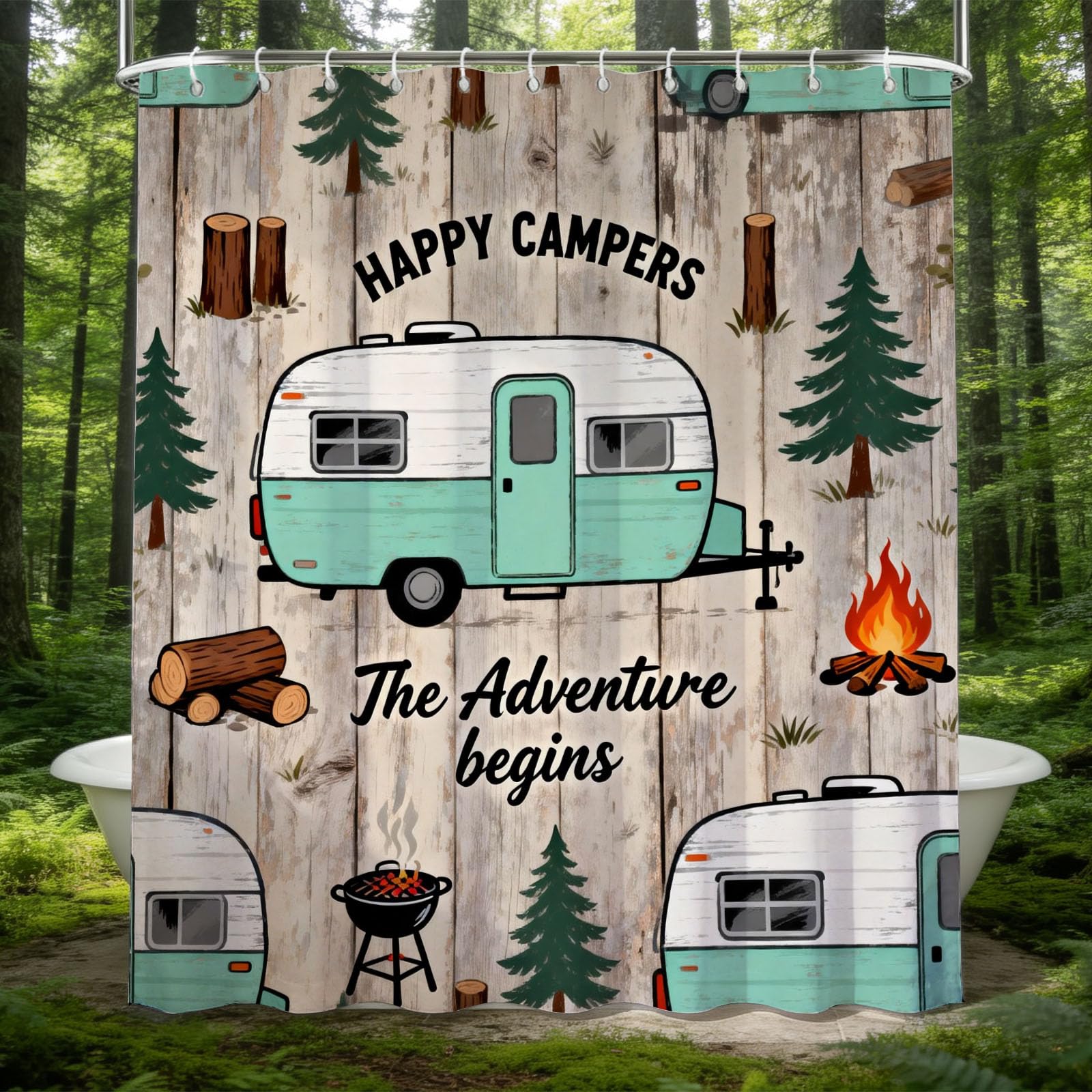 Hongduo 3D Camping Motorhome Shower Curtain for Stalls Bathtubs Woods Bathroom Decor Shower Curtain Set Polyester Fabric Waterproof 120x180cm/48X71 Inch with Hooks