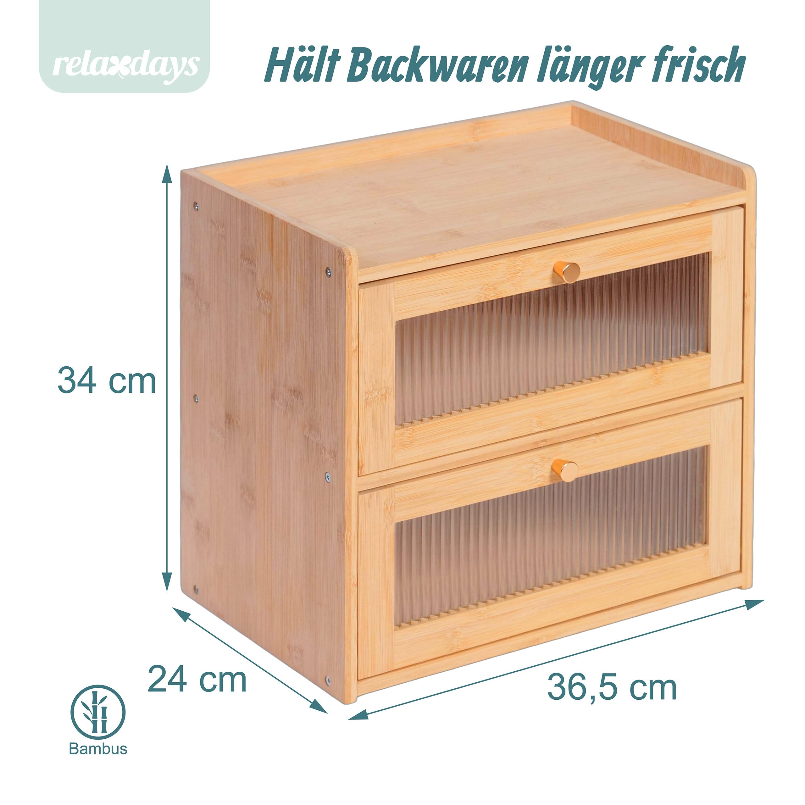 Relaxdays Brotkasten Bambus, 2 Etagen, Brotlade mit Sichtfenstern, Klapptüren, HBT: 34 x 36,5 x 24 cm, Brotbox, Natur