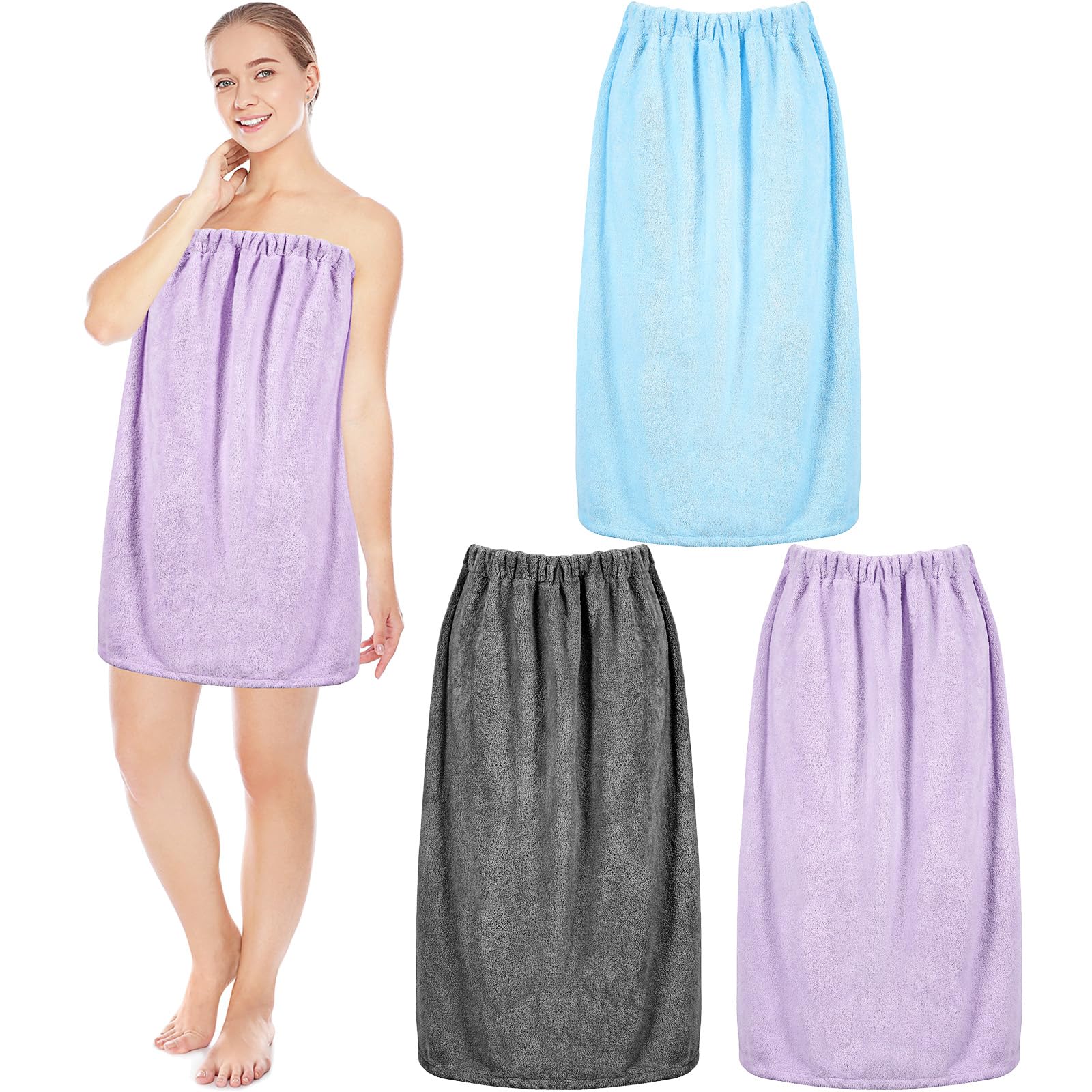 Cuffbow 3 Pcs Towel Wrap for Women Spa Body Robe Full Length Female Bath Shower with Adjustable Closure Elastic Top Plush
