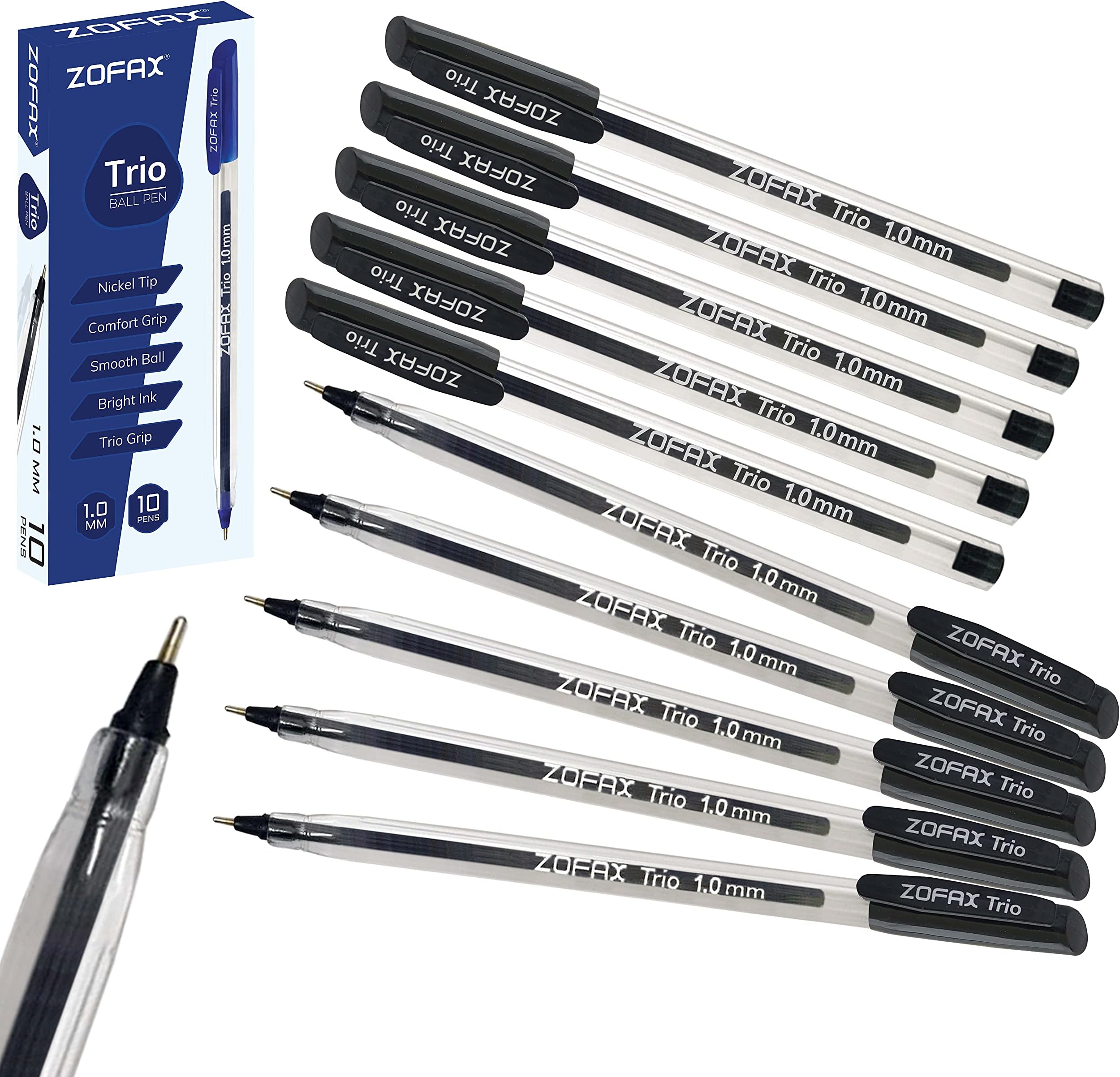 Trio Ballpoint Pens, BLACK, 1.0mm Medium Point, Pack of 10, Triangular Comfort Grip, Smooth Writing, Office School Home Value Biros Ball Pens
