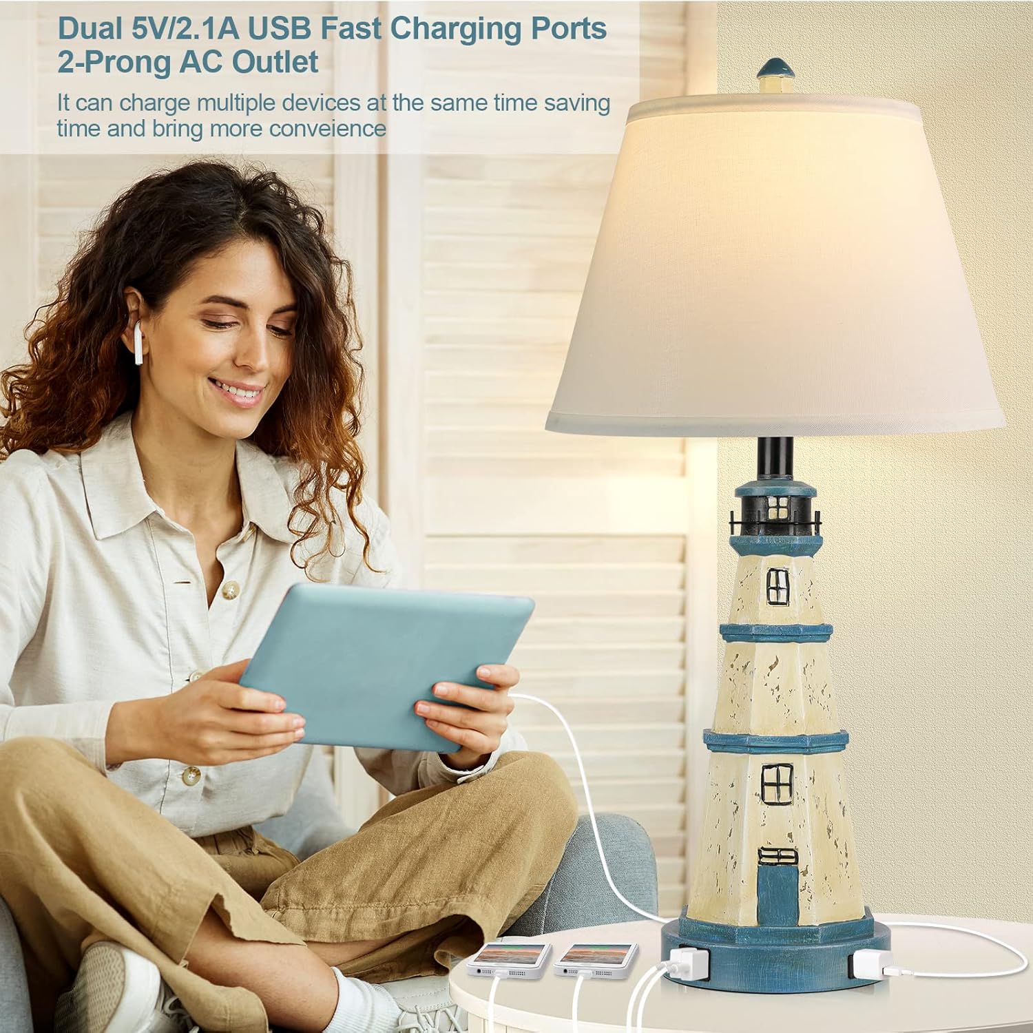 Table Lamps for Bedrooms Set of 2, 3-Way Dimmable Bedside Lamps with Dual USB Charging Ports, Modern White Blue Lighthouse Touch Control Nightstand Lamps for Living Bedroom, Bulbs Included - - 