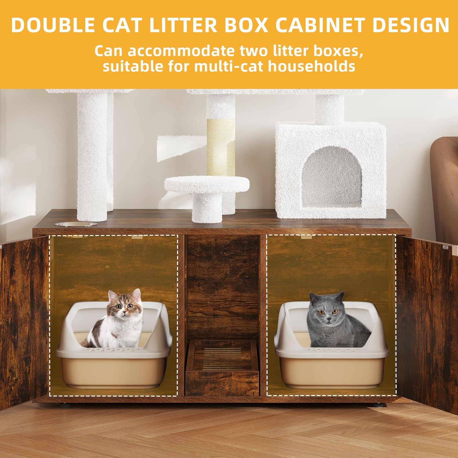 review DWVO Double Cat Litter Box Enclosure with Cat Tree, Litter Box Furniture Hidden for 2 Cats, All-in-one Wooden Litter Box Furniture with Cat Tower Condo Food Station and Large Platform, Rustic Brown