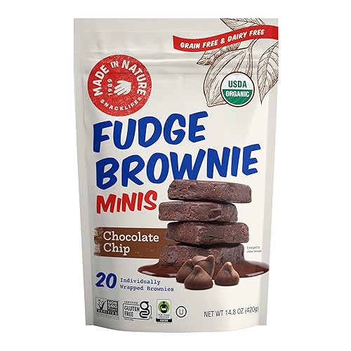 Made in Nature Minis de brownie de dulce de azúcar orgánico, chispas de chocolate, 20 brownies envueltos individualmente, a base de plantas, sin
