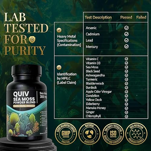 Miniatura 7 de Quiv Cápsulas de musgo marino irlandés, aceite de semilla negra, ashwagandha, cúrcuma, vejiga, bardana, jengibre, vitamina C, D3, saúco, manuka