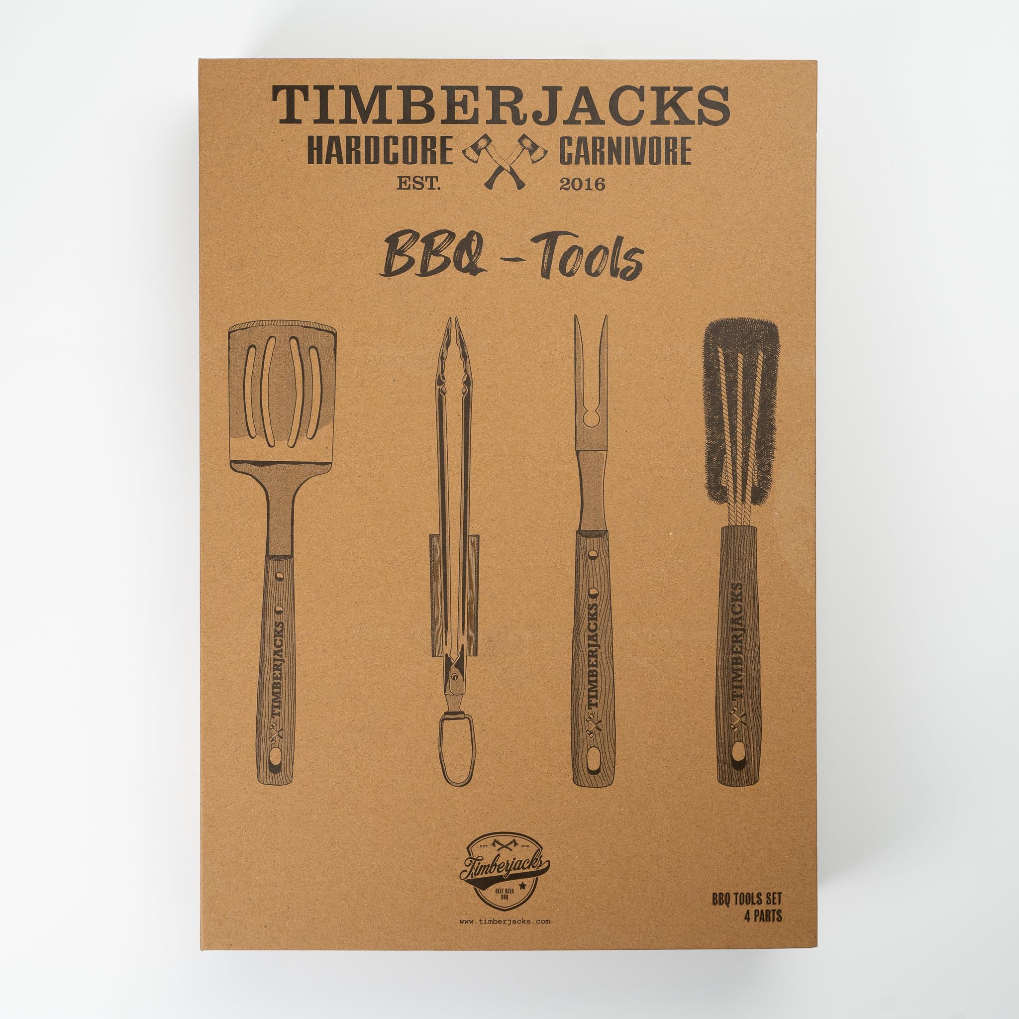 Timberjacks BBQ Grillbesteck-Set, 4-teilig, Edelstahl mit Holzgriff, Grillzange 35 cm, Grillgabel 36 cm, Grillwender 39 cm, Grillbürste 38 cm