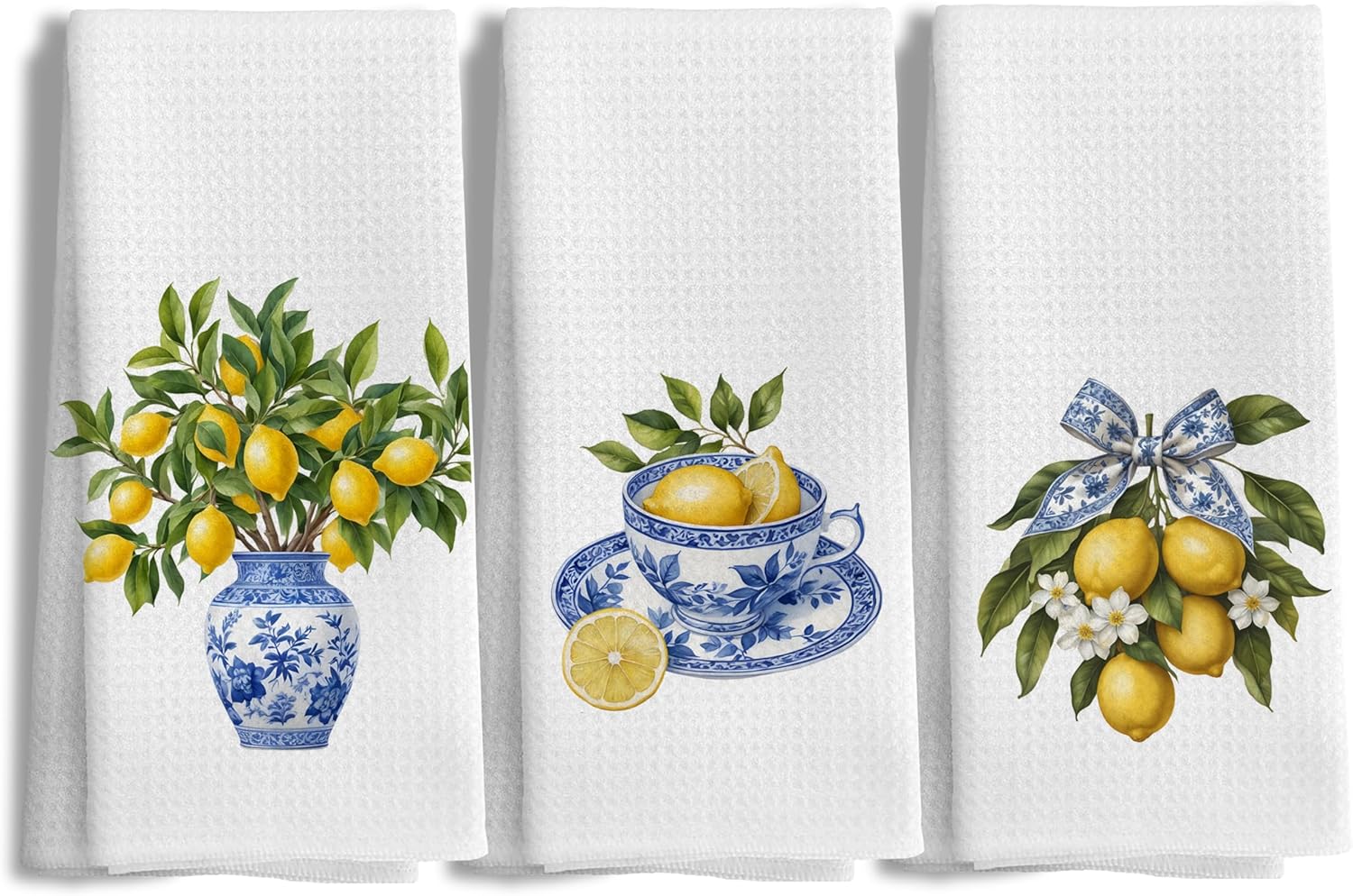 Italian Lemon Kitchen Towels Set of 3, Blue and White Tile Summer Lemon Dish Tea Towels for Kitchen, Mediterranean Amalfi Coast Decor Hand Towel for Bathroom, 16x24 Inch