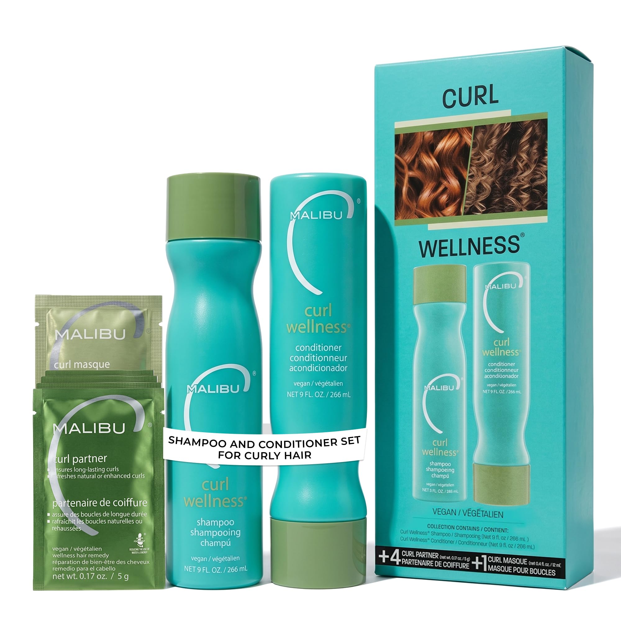 Malibu C Curl Wellness Collection - Curly Hair Care Set with Shampoo, Conditioner, Remedy Packets & Hair Mask - For Wavy, Kinky, Textured & Permed Curls - Vegan (4 ct)