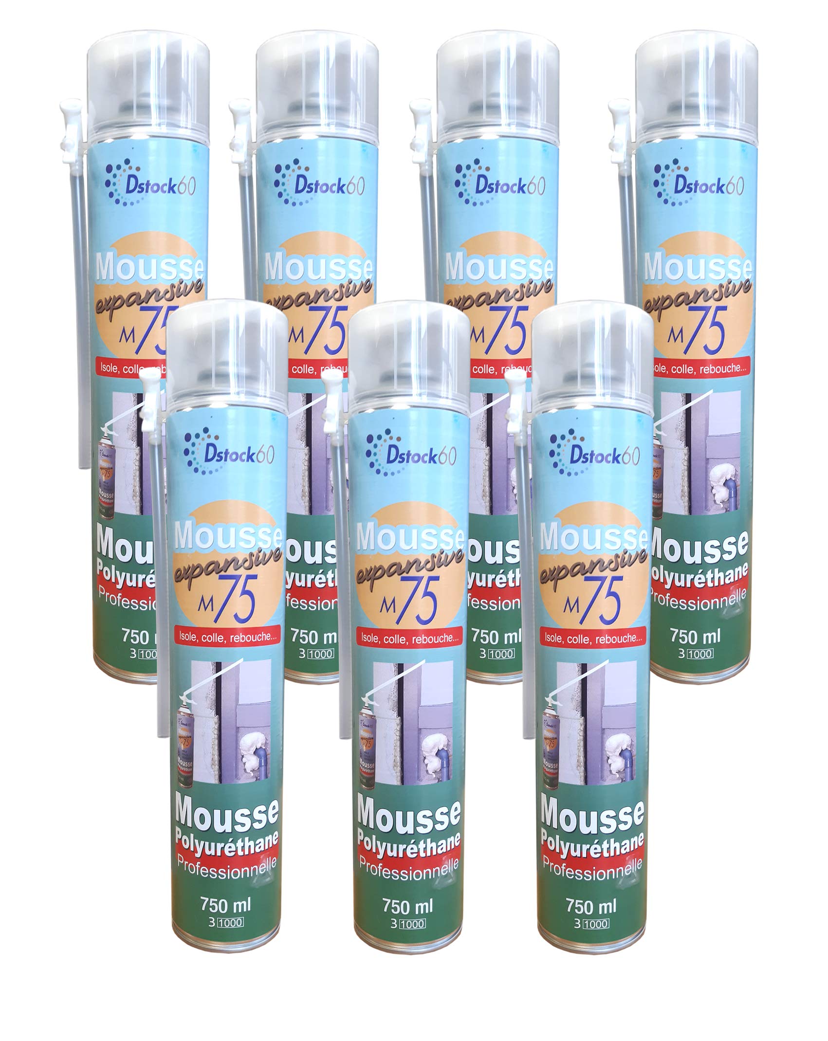 DSTOCK60 - LOT DE 7 MOUSSES EXPANSIVES MANUELLES 750ML - MOUSSE POLYURETHANE PROFESSIONNELLE - ISOLE, COLLE, REBOUCHE - EXTERIEUR ET INTERIEUR