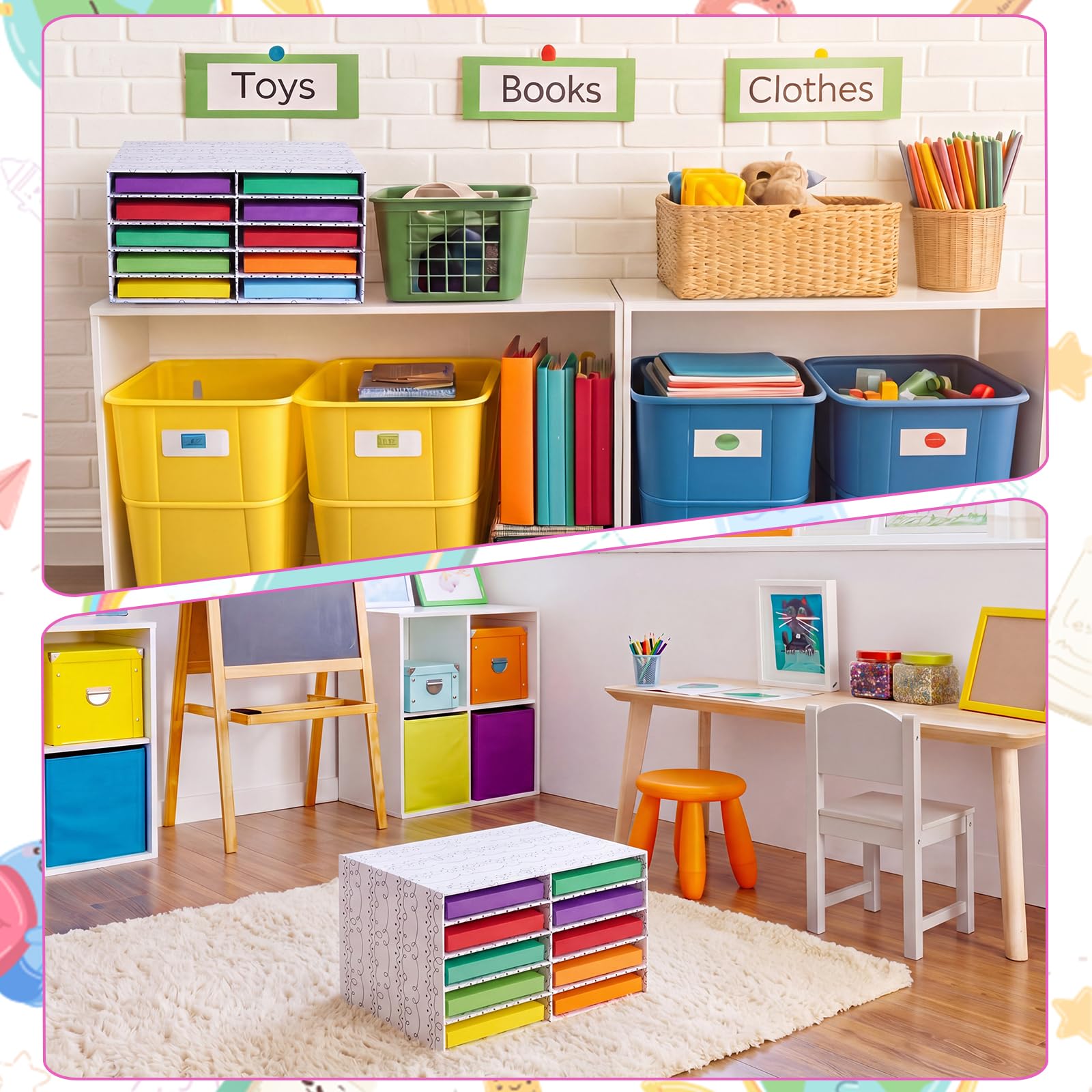 Ripeng 2 Stück Klassenzimmer Papieraufbewahrung Organizer Konstruktion Schnörkel und Punkte Papieraufbewahrung Desktop Briefkasten Aktenordner Literatur Karton Organizer für Home Office Schule, 50 x