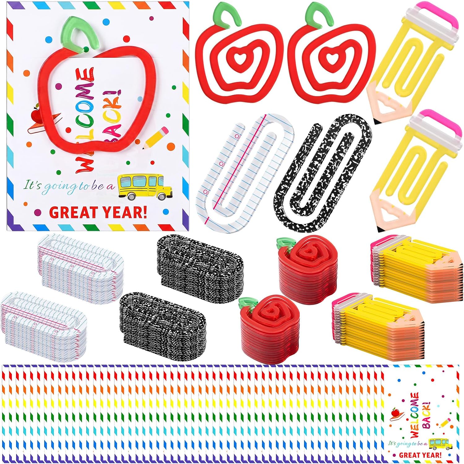 AmazingSpark 36 Set Back to School Teacher Gifts Jumbo Acrylic Paper Clips with Cards Sunday Appreciation Day Operation Paperclip Bookmark Classroom Supplies (Apple Mixed Styles,Back School)