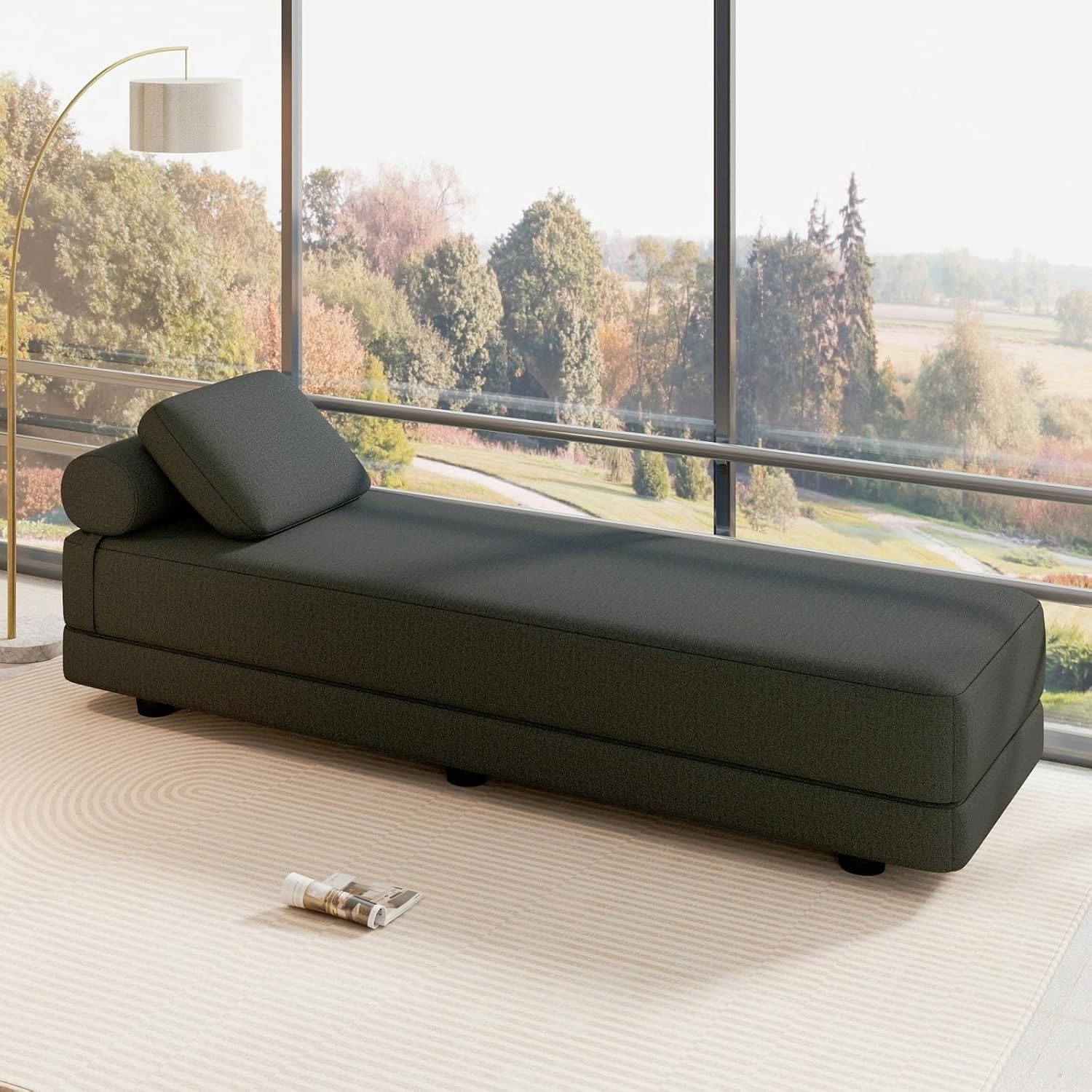 Daybed Queen Size Sofa Bed 60" W 80" L Folding Sofa with Pillow Lounge Chaise Bed with Back Support for Living Room Bedroom (Brown, 1 Piece)