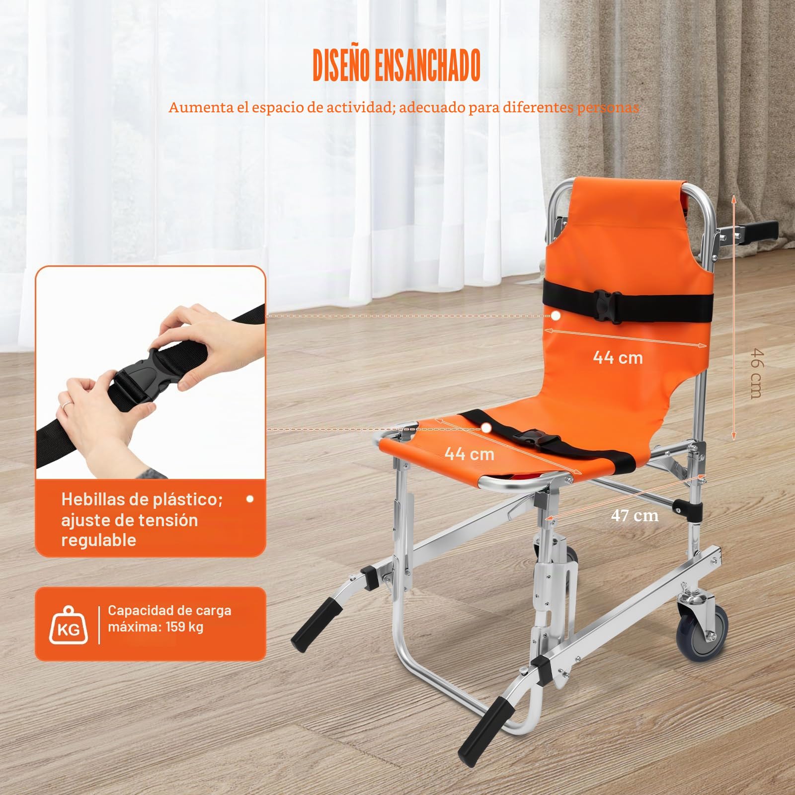 EMS - Silla plegable para escaleras de emergencia, silla de ruedas con 2 ruedas, capacidad de carga de 350 libras, silla elevadora portátil de aluminio para ambulancia, bomberos y evacuación