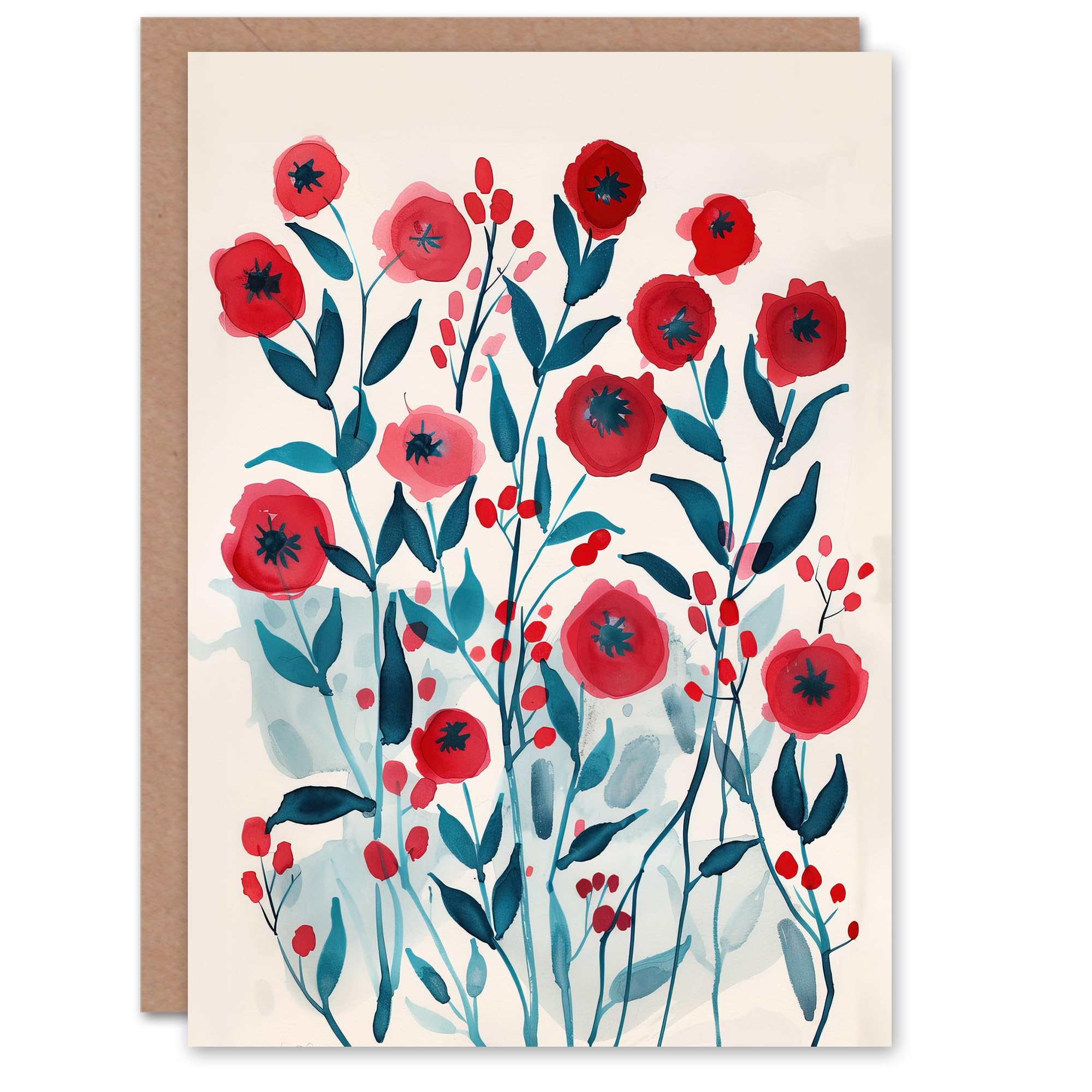 Artery8 Greeting Card Poppy Flowers Red Teal Bright Floral Watercolour For Her Woman Birthday Card