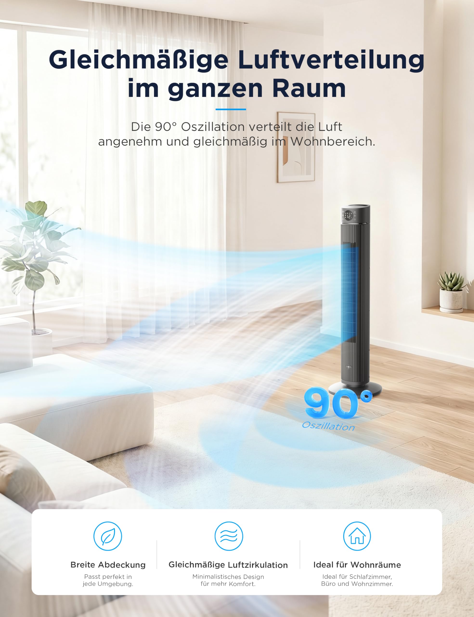 Midea FZ10-26ARDW Smart Turmventilator, 19 dB flüsterleise, DC-Motor, 4 Modi & 12 Stufen, 24h Timer, App-Steuerung, Schwarz, 105cm