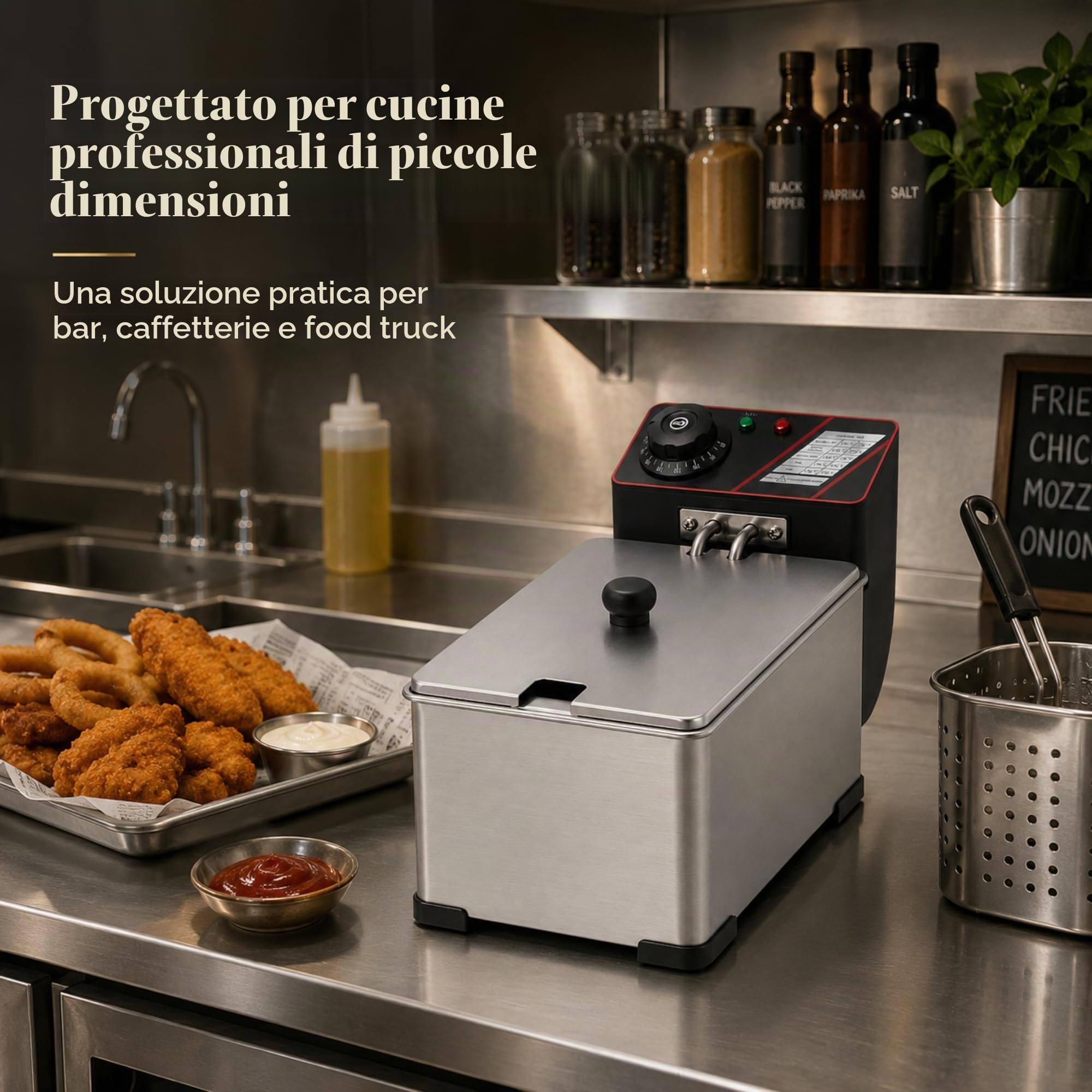 Friggitrice Elettrica Professionale 3L in Acciaio Inox | Friggitrice a Olio, Cestello Estraibile, Temperatura Regolabile, Design Compatto, Per Casa, Bar, Cucina e Ristorazione