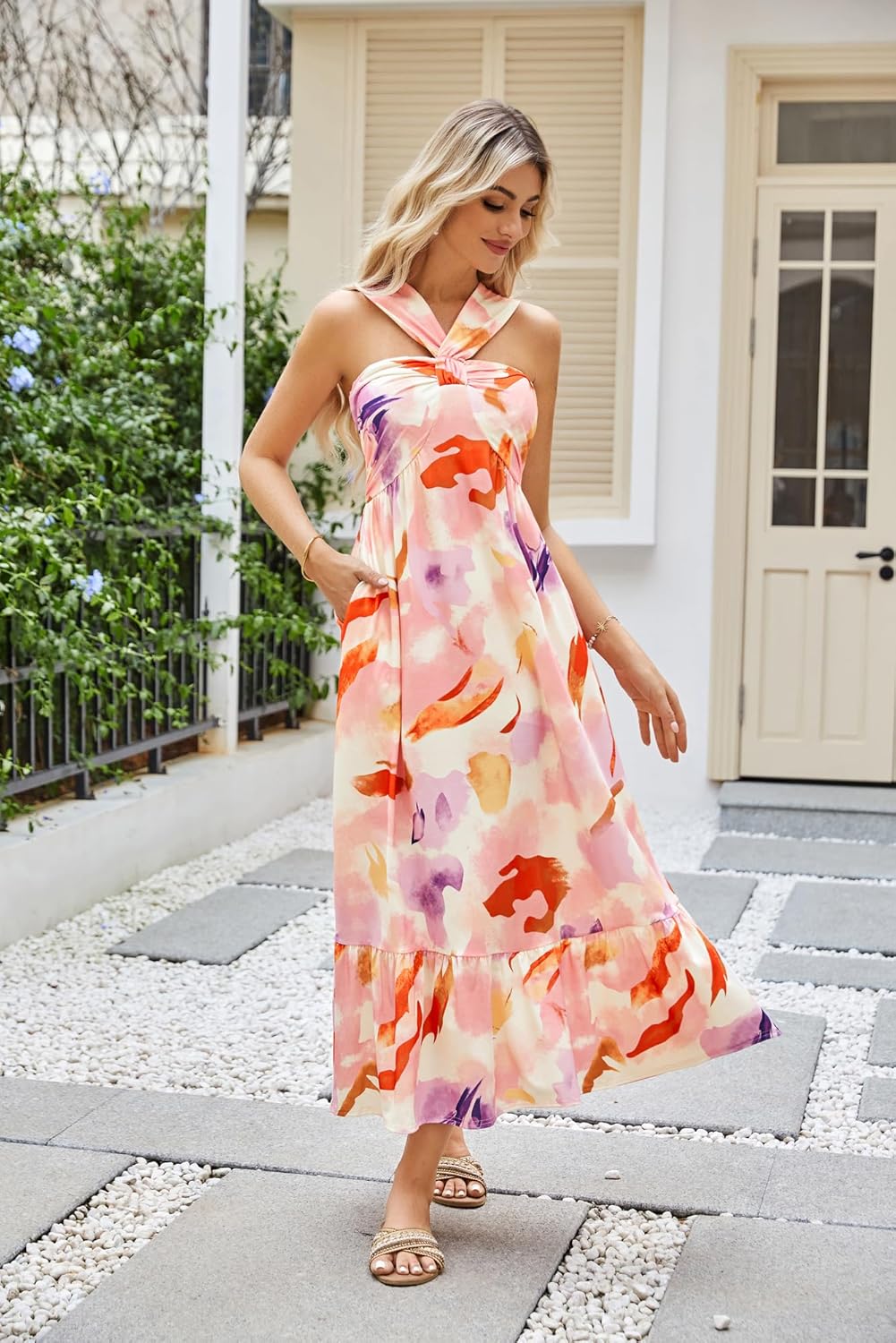 GRACE KARIN 2025 Women's Criss Cross Halterneck Sleeveless Summer Floral Print Flowy A Line Maxi Dress - Image 3