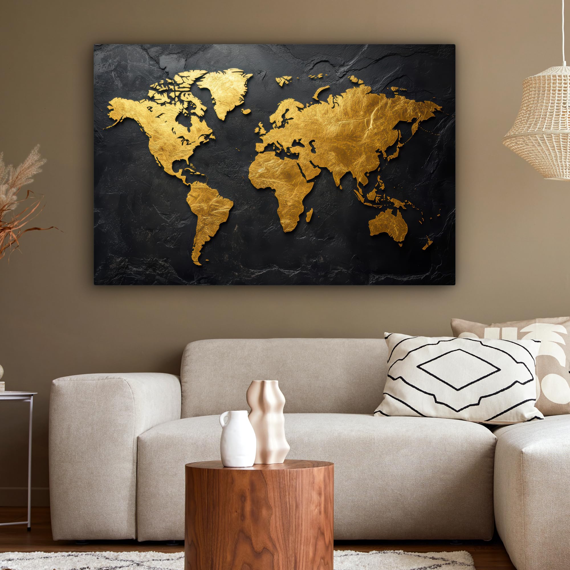 MuchoWow© Impression sur Toile Decoration Murale Peinture 120x80 cm Tableaux Decoratifs Muraux Déco Chambre Tableau Salon Carte du Monde - Or - Pierre