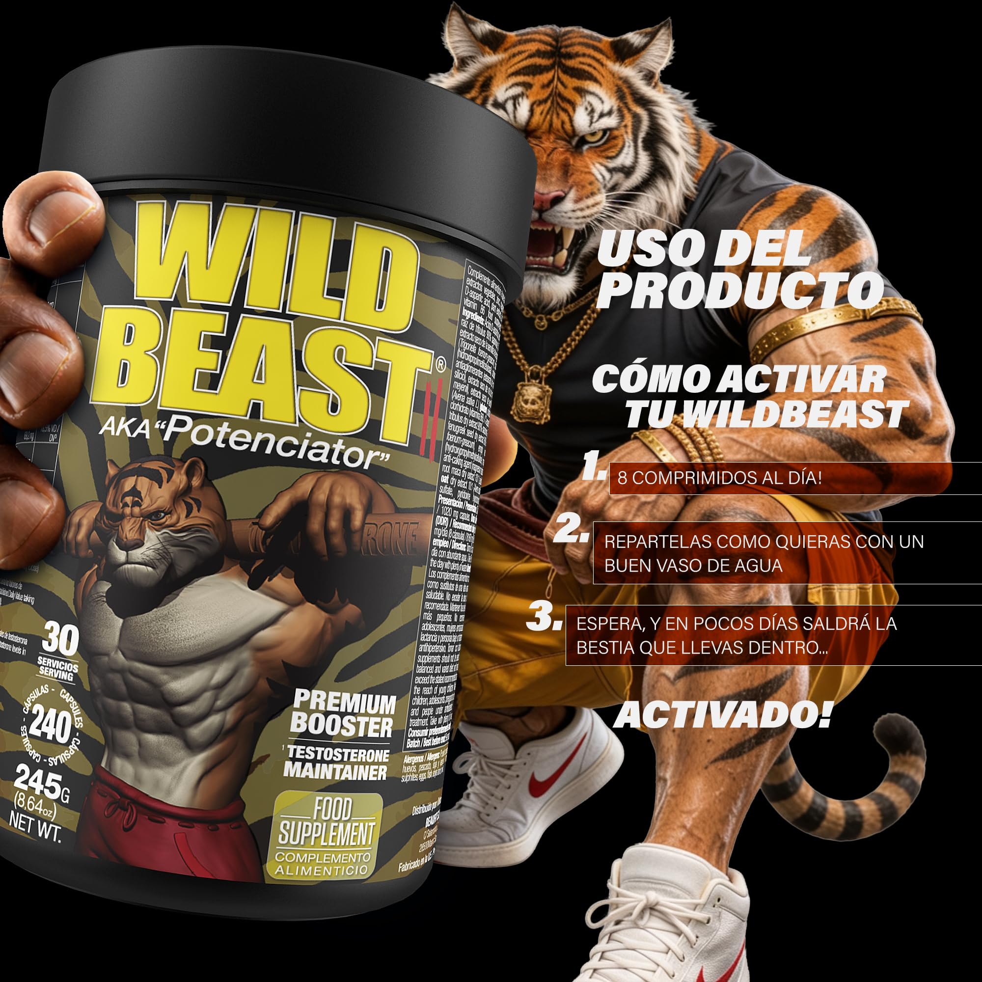 Zoomad Labs Wild Beast | Booster Testosterona Hombre | Tribulus Terrestris + Fenogreco + Maca | Potenciador Natural | Energía y Masa Muscular | 240 Cápsulas 30 Servicios