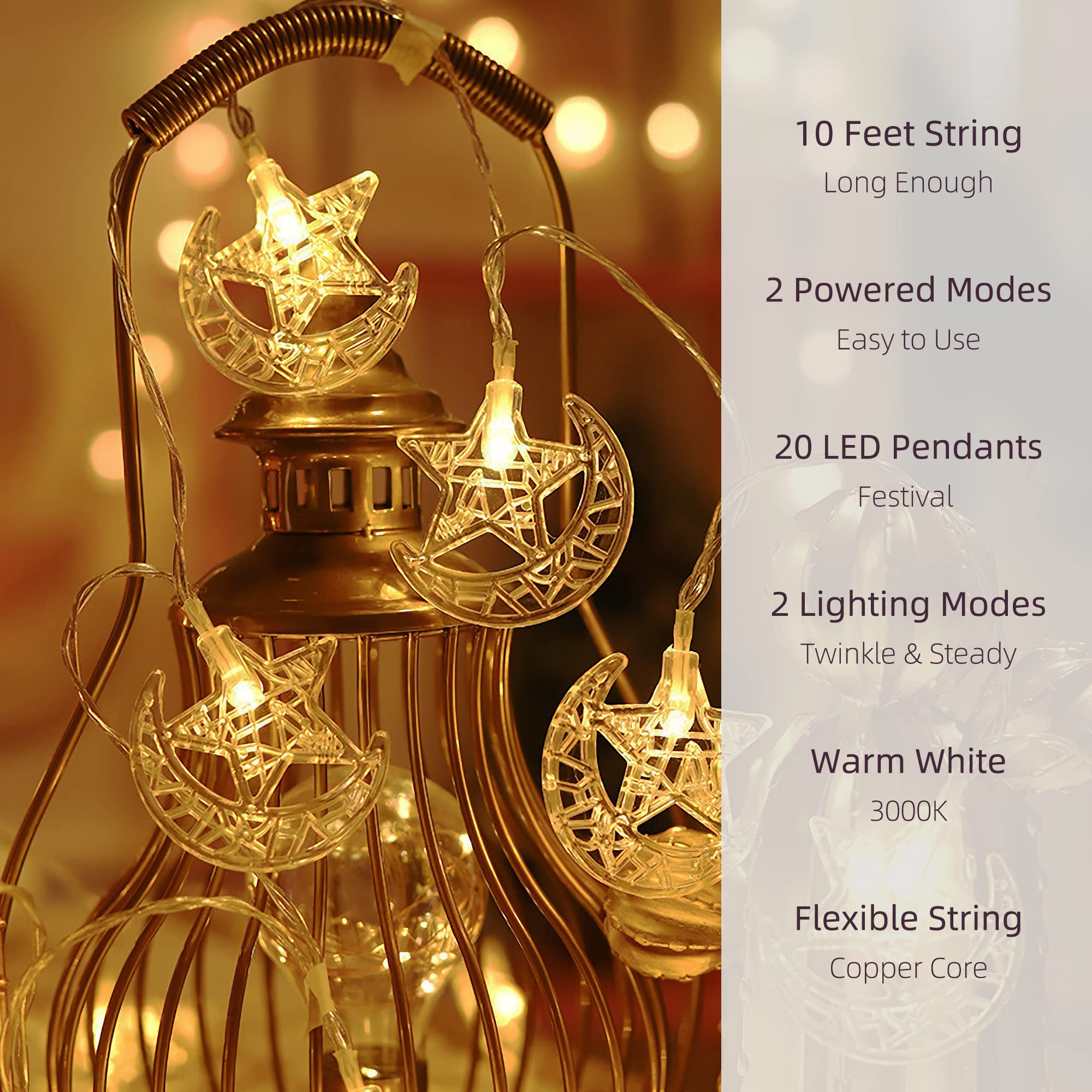 Ramadan Lights Star Moon String Lights 10Ft 20 LED Fairy Lights Battery Operated with 2 Modes Indoor Twinkle Ramadan Kareem and Eid Mubarak Decorations for Home Bedroom Eid al-Fitr Party