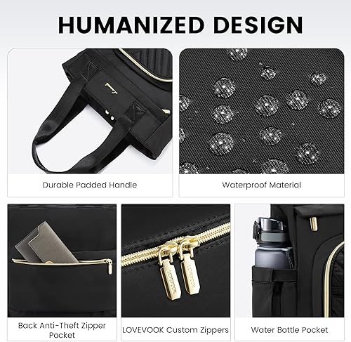 Miniatura 3 de LOVEVOOK Mochila para laptop para mujer, bolsa de mano abierta para profesores, enfermeras, bolsa de mano de trabajo de 15.6 pulgadas, Negro -