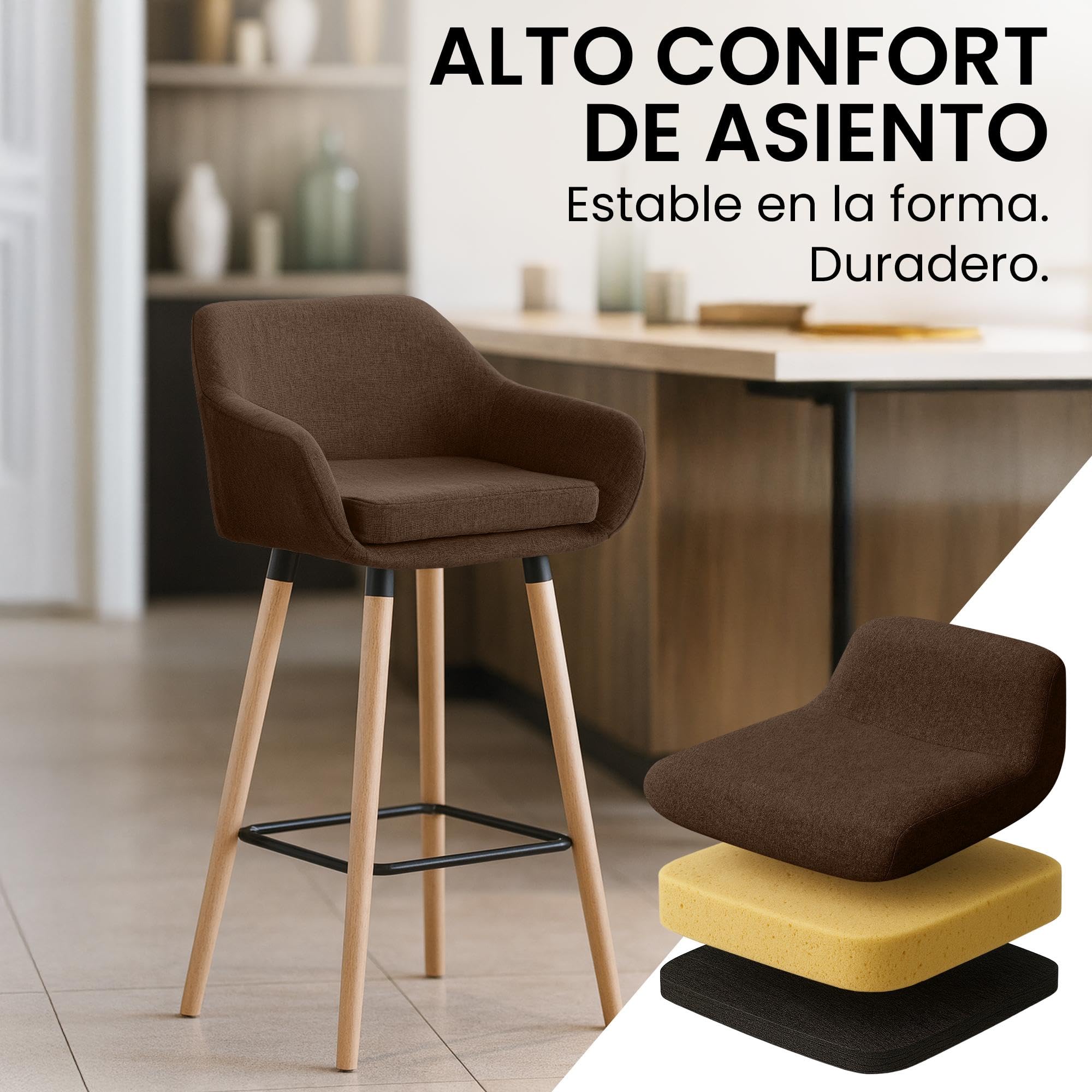 CLP Taburete de Barra Acolchado con Respaldo Grant, Silla de Bar con Revestimiento de Tela, Estructura de Madera hasta 150 kg Color marrón