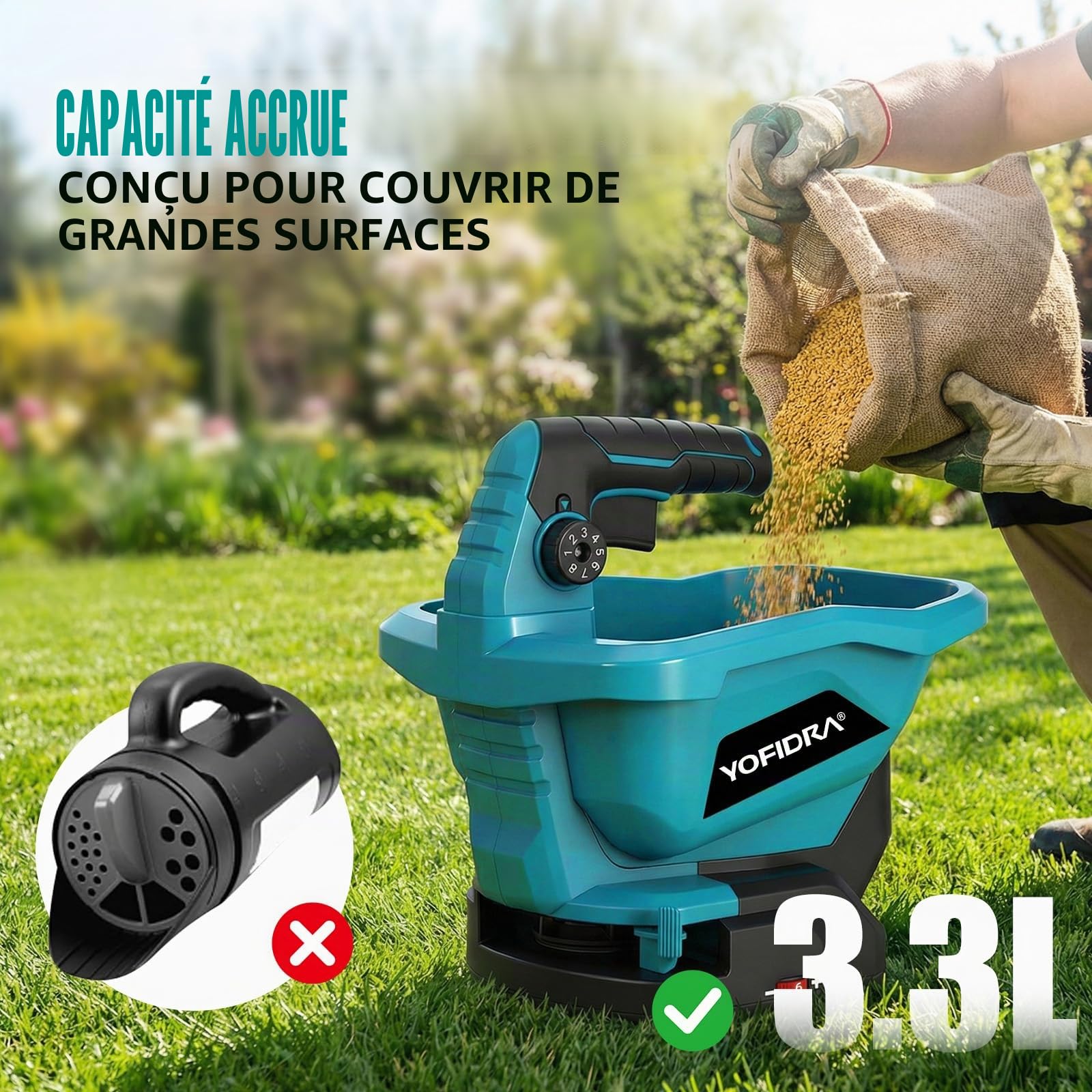 Yofidra Épandeur d'Engrais sans Fil - Épandeur Gazon avec 2 Batteries de 2,0 Ah, Épandeur Gazon, Capacité 3,3 L, 6 Vitesses, 8 Niveaux d'Épandage, Largeur 5 m, Couverture 800 m²