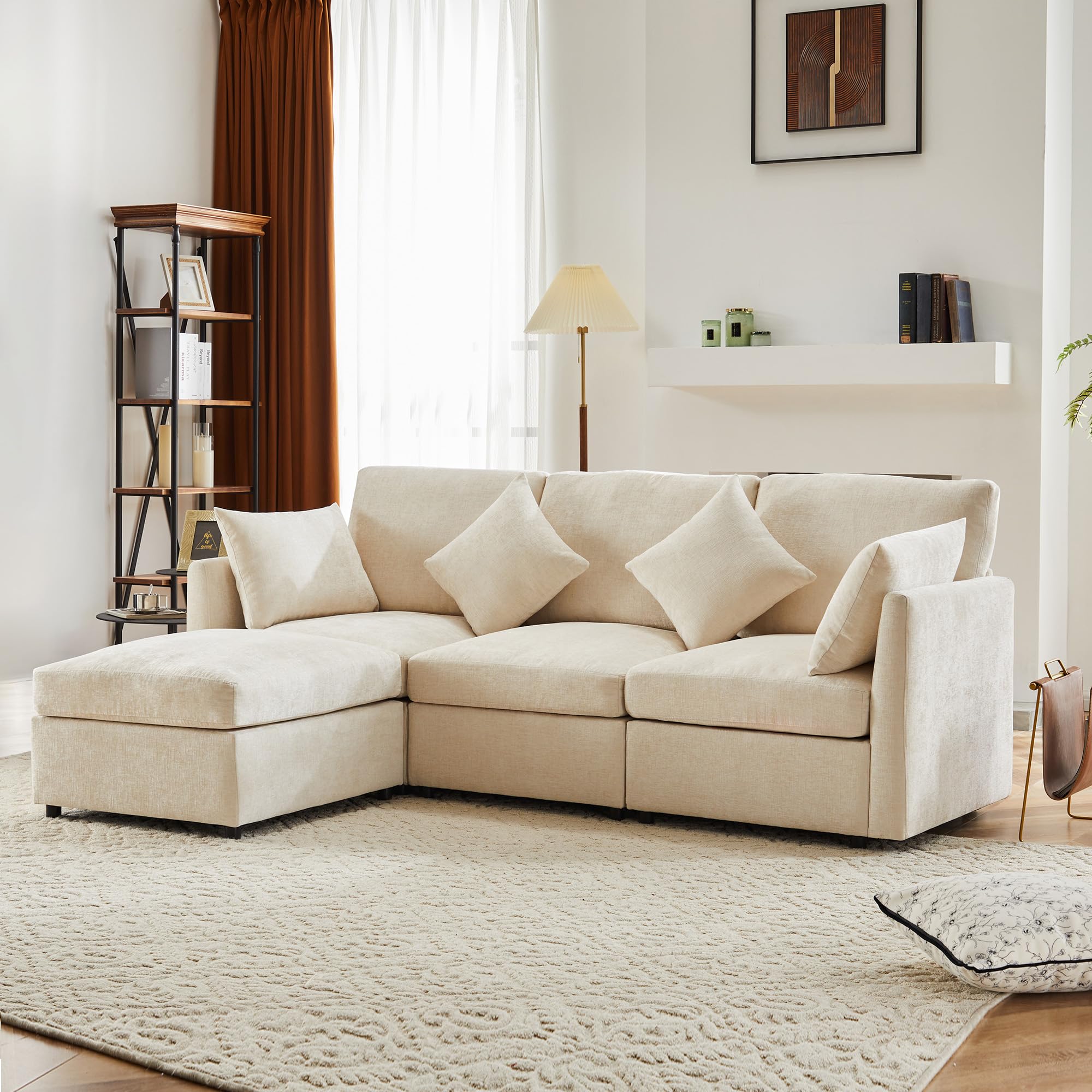 Divano moderno,divano componibile in tessuto cinigliato,sofa letto 3 posti,a quattro posti,divano angolare a L con poggiapiedi,divani,divani con penisola,216x161x81cm (Beige)