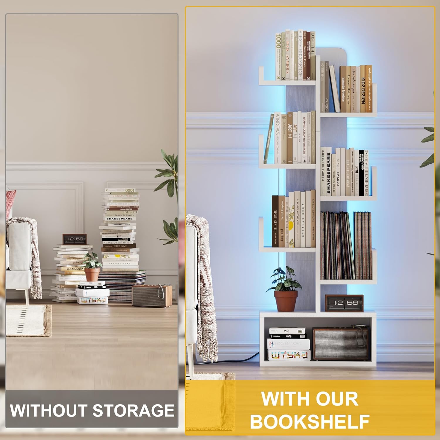6 Tier Book Shelf with LED Lights, Floor Standing Bookshelf, Classical Corner Kids Bookshelf, Tall Wood Book Storage for Bedroom, Living Room, Home Office
