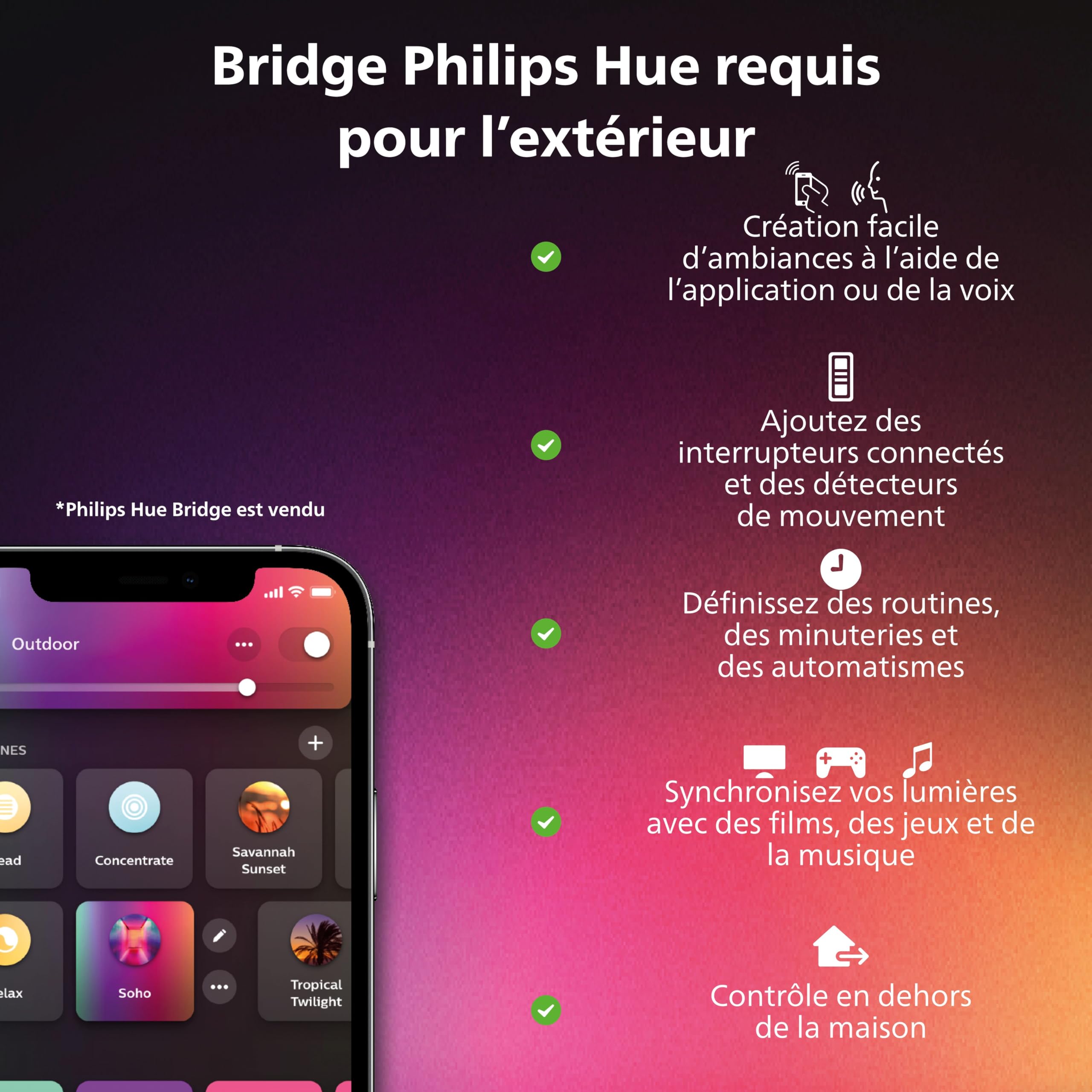 Philips Hue White and Color Ambiance Appear Applique murale LED d’extérieur connectée, Luminaire Philips compatible avec Alexa, Google Assistant et Apple HomeKit, noir