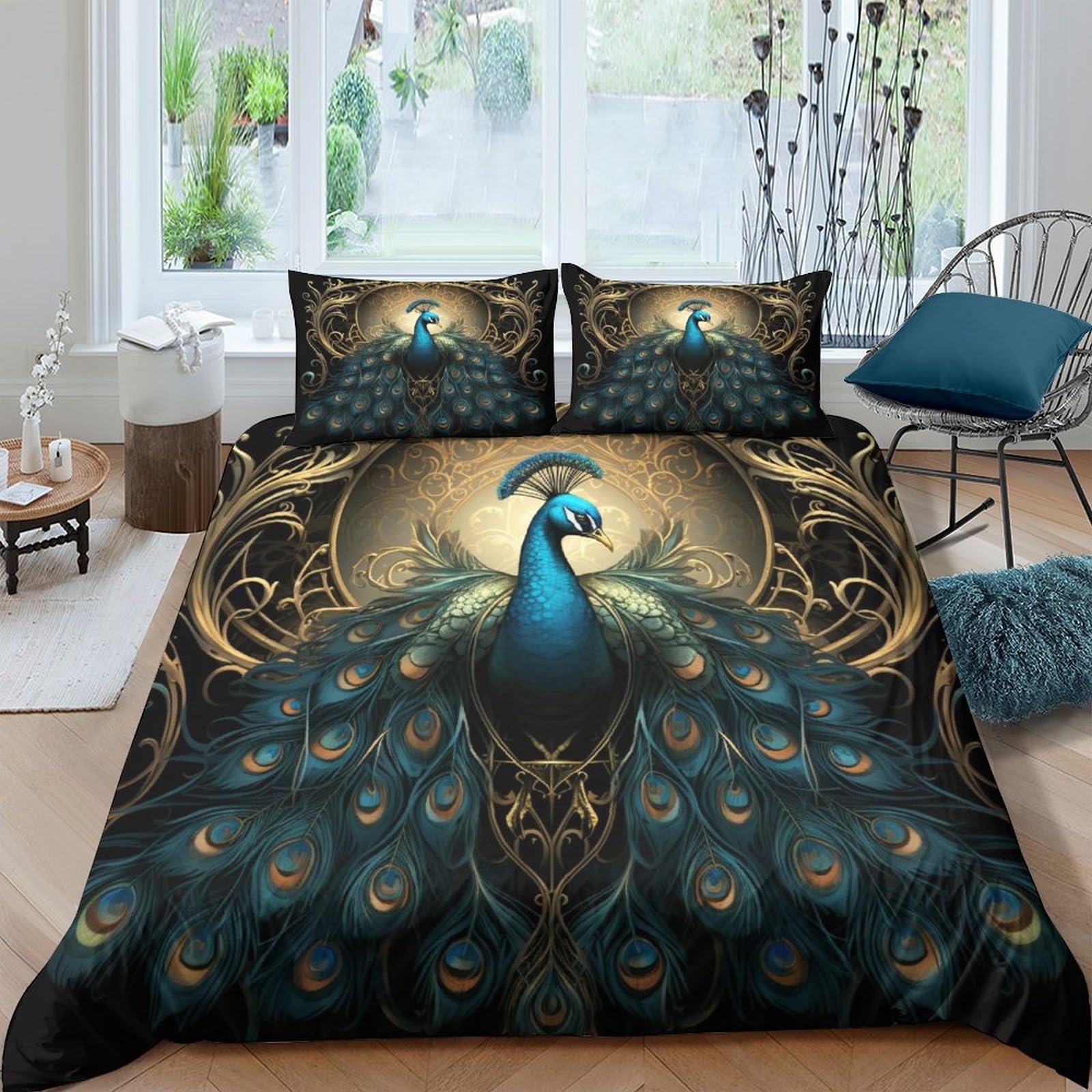 Beautiful Peacock Bedding Set Cover Duvet Cover 3D Bedspread Animal 3 Piece Quilt Cover with Zipper Closure Soft Microfiber for Kids Children King（220x240cm）