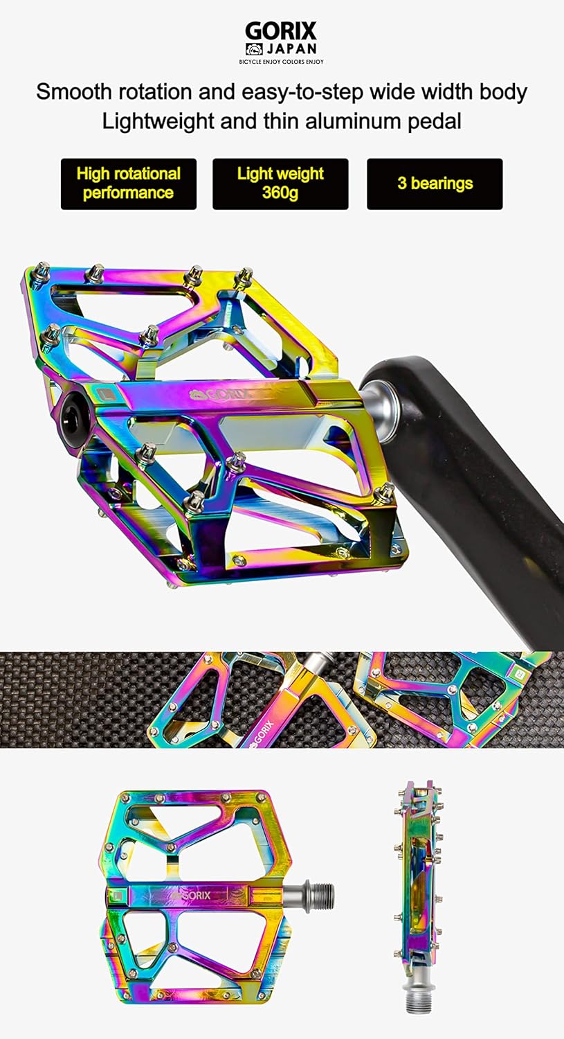 GORIX Bike Flat Pedals Wide CNC 3 Bbearings Lightweight with Non-Slip Pin Spike Oil Slick Road Mountain MTB Bicycle (GX-FX181)