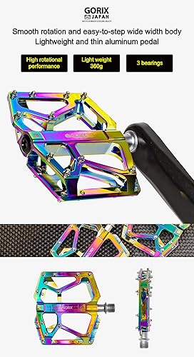 Miniatura 2 de GORIX Pedales planos de bicicleta CNC ancho 3 cojinetes ligeros con pasador antideslizante Spike Oil Slick Road Mountain MTB bicicleta (GX-FX181)