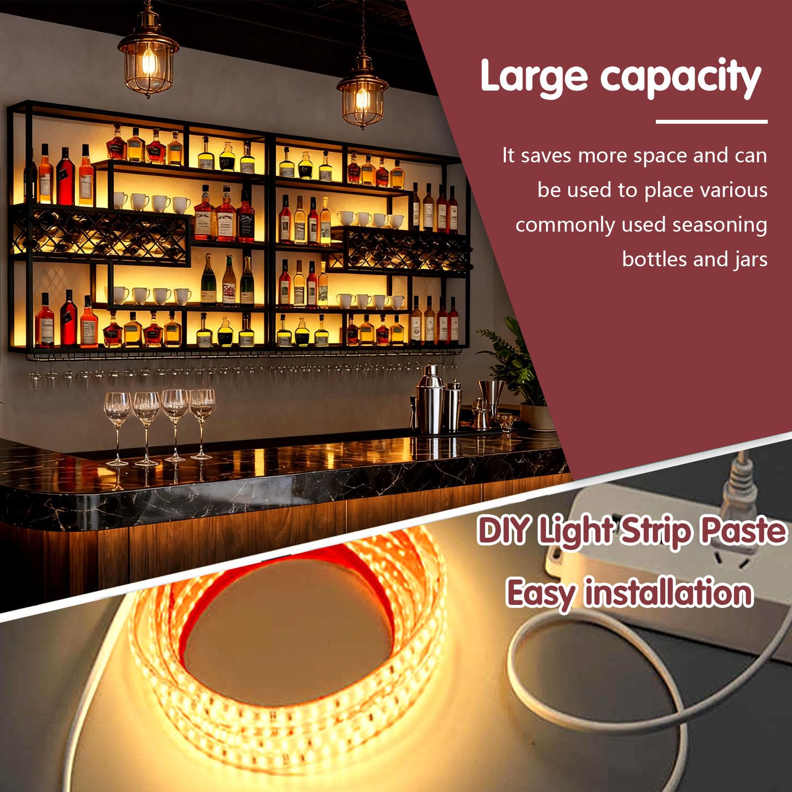 Moderno Botellero Montado en la Pared, Grande Estante de Vino Industrial de Metal con Portavasos, 4 Niveles Flotante para Exhibición de Vino para Barra, el hogar, Restaurante (199CM)