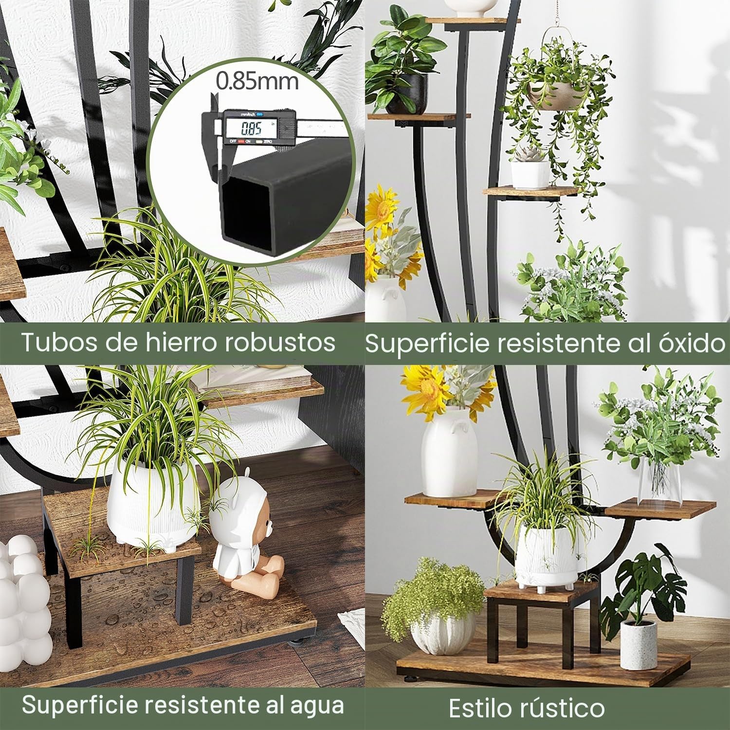 Trironsun Soporte para plantas con luz de crecimiento, estante para plantas de metal y madera de 7 niveles, soporte alto para flores, para interiores, salón, balcón o jardín