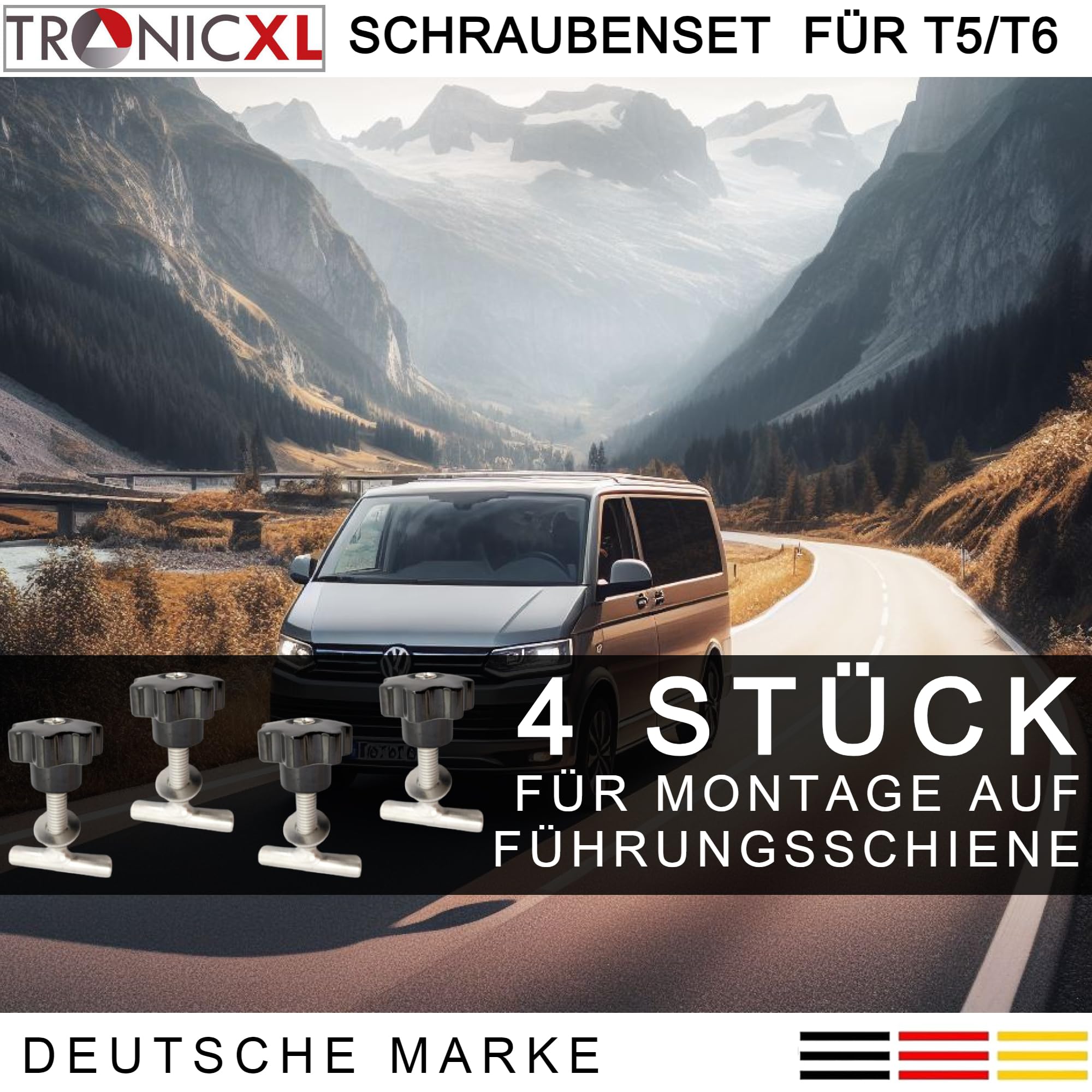 TronicXL Zestaw śrub kompatybilny z VW Bulli Bus T5 T6 Multivan, śruby prowadzące, obciążenie szyny, śruby zabezpieczające, Transporter, California, zabezpieczenie ładunku