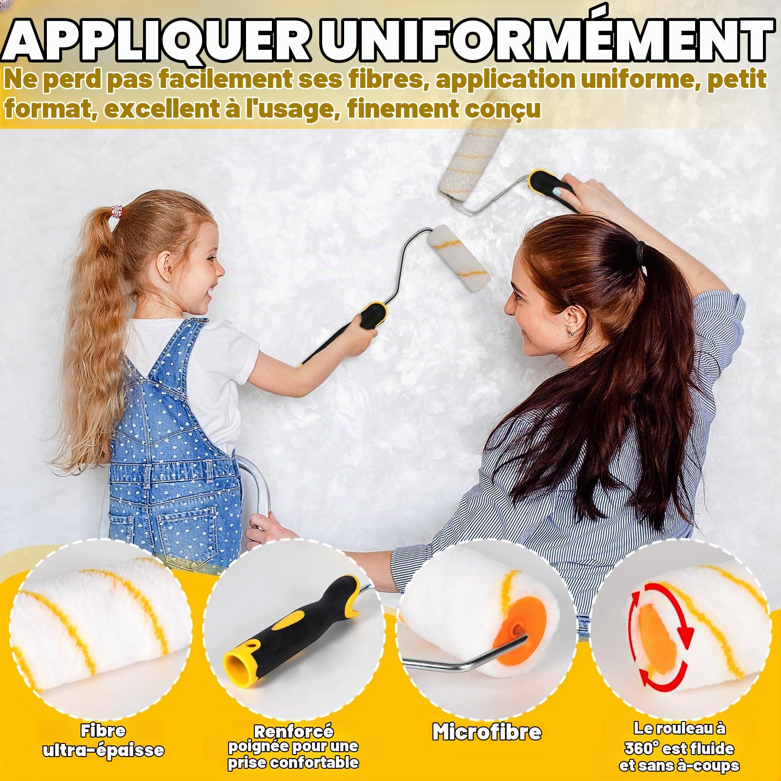 Lot de 12 Pinceaux Peinture et Rouleaux Peinture Murs et Plafonds, Comprend un bac à Peinture, Agitateur, des Rouleaux et des Manchons Grands et Mini, un Ruban de Masquage Répulsif