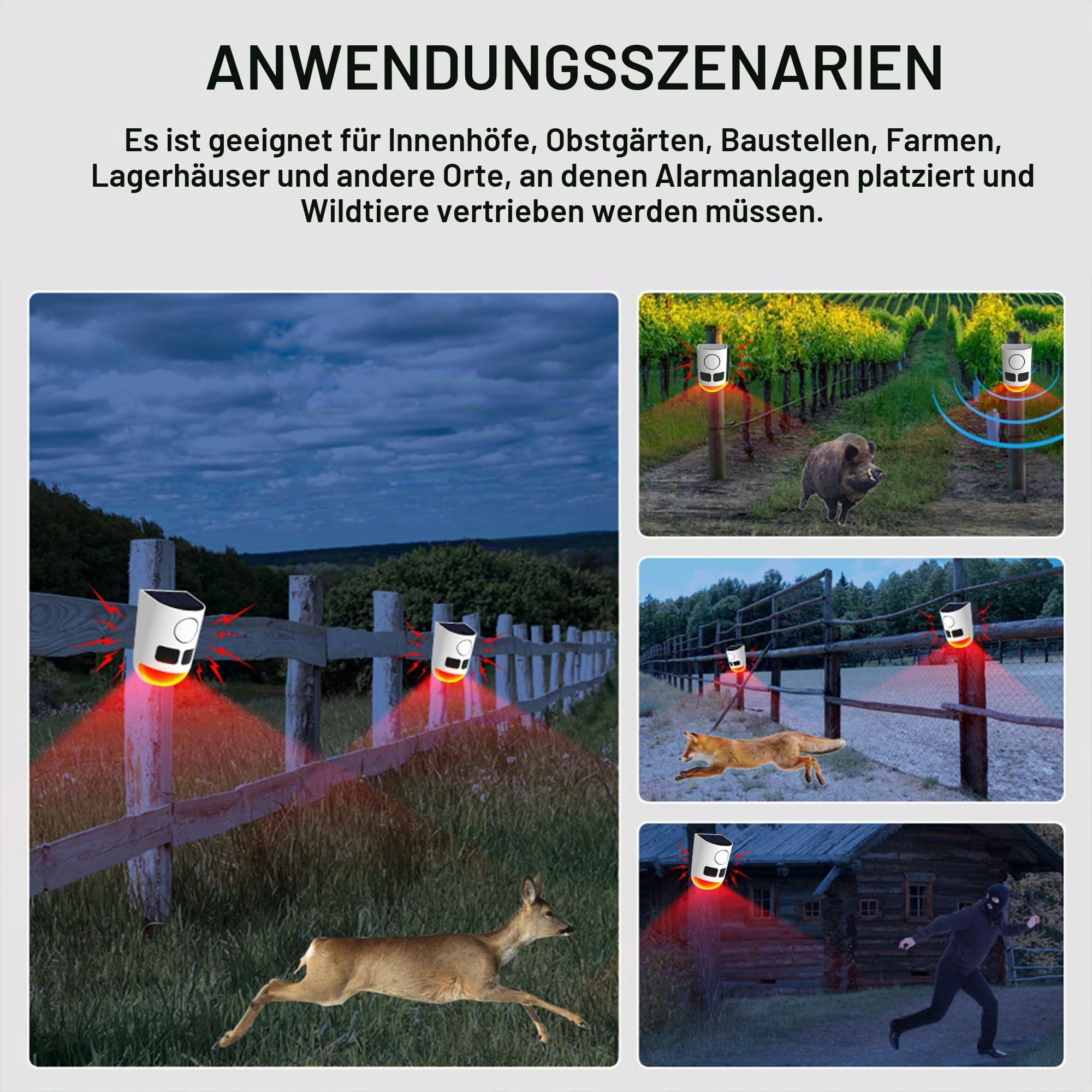 Solar Outdoor Bewegungsmelder Alarm-110db Lauter Geräuschemacher, 4 Arbeitsmodi Stroboskoplicht mit USB für Zuhause, Villa, Hof, Hühnerstall, Bauernhof, Scheune 4 PCS