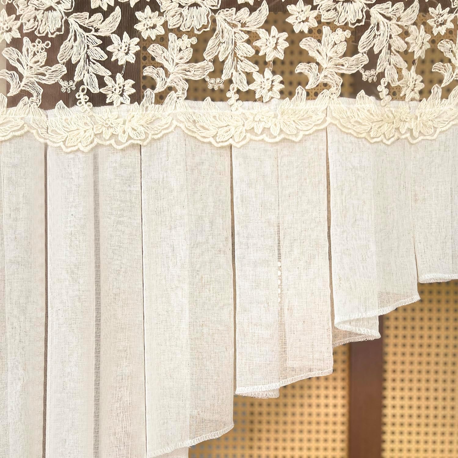 KMSG Vintage Lace Sheer Curtain Valance for Kitchen Elegant Embroidered Floral Linen Voile Curtain Light Filtering Small Cafe Valance for Bathroom Room Divider Rod Pocket Top 1 Panel W78 x L47 Inch