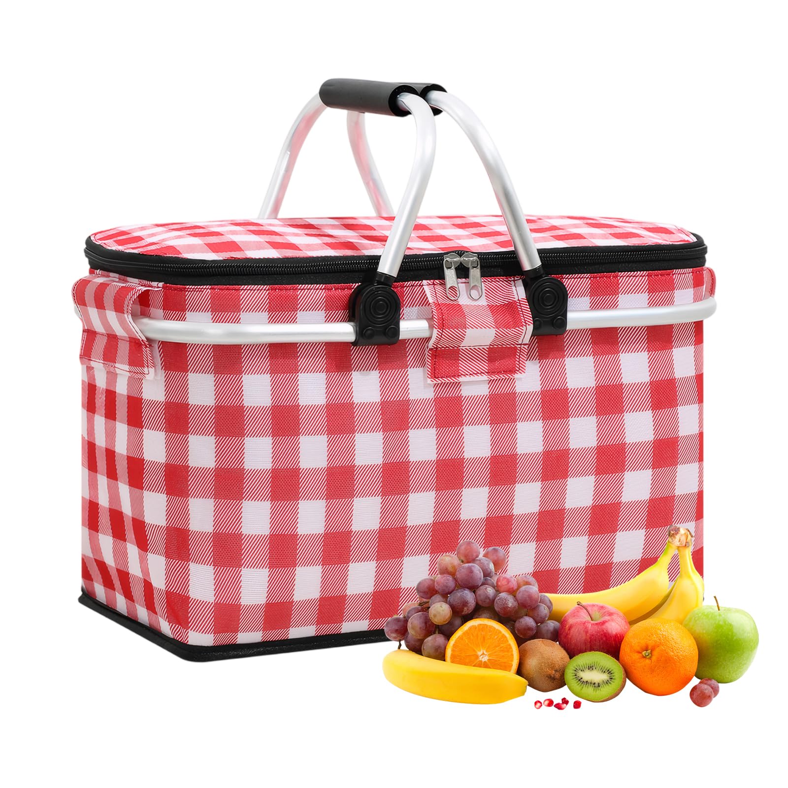 Shopping Basket Cooler Bag Insulated Picnic Basket, Premium Extra Large Cooling Cooler Cool Bag, Collapsible Lunch Bag Box, for Camping/Outdoor Activities/Family Travel/BBQ/Shopping (Red-White)