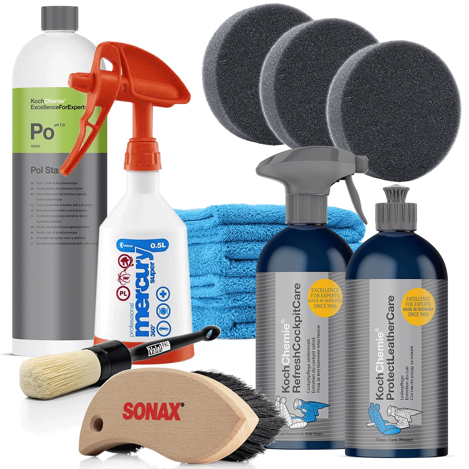 detailmate Reinigungs Set: Koch Chemie Pol Star 1L Textilreiniger + jeweils 500ml Lederpflege und Cockpitpflege seidenmatt - mit Sprühflasche, Pinsel, Bürste, 4x Mikrofasertuch und 3x Applikatorpad