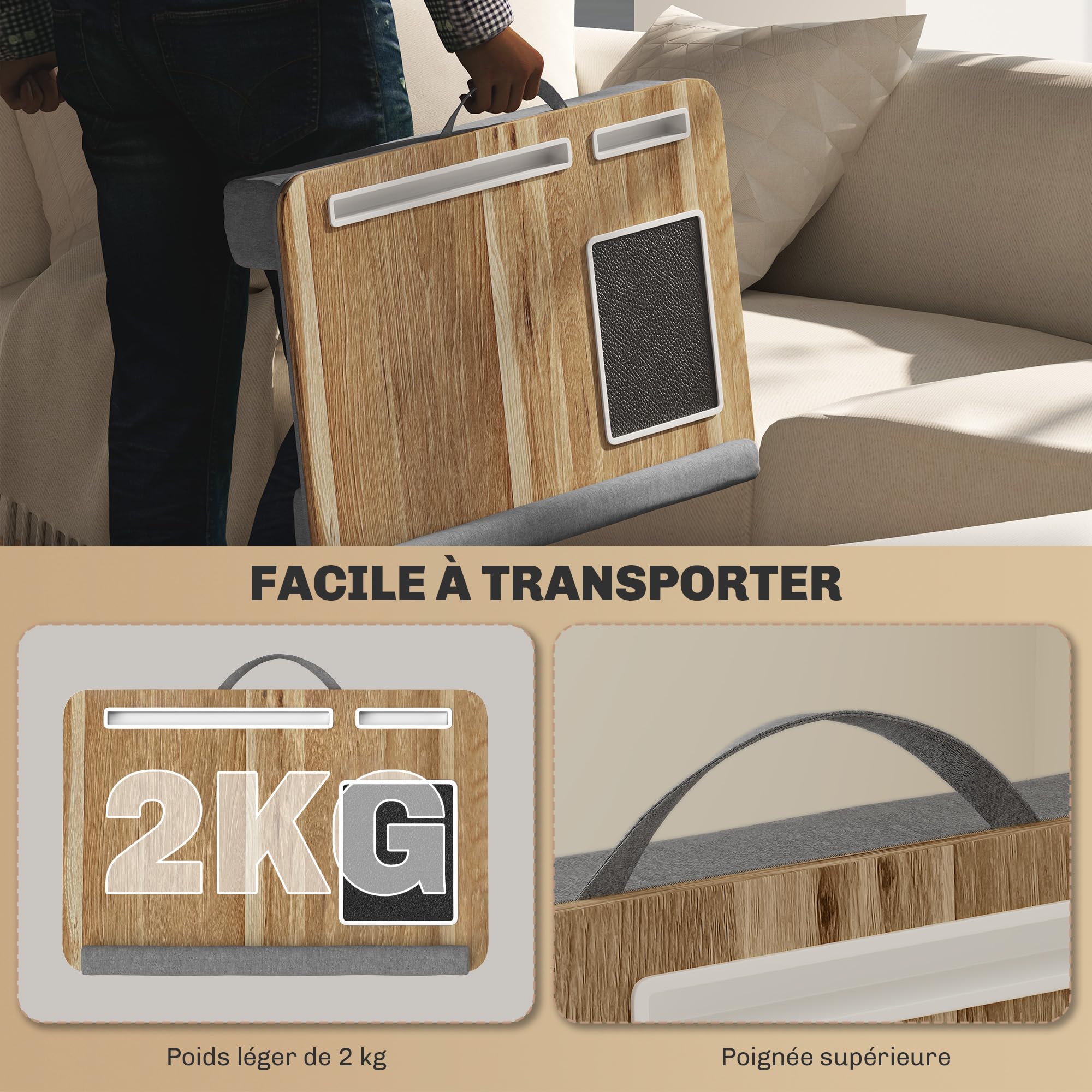HOMCOM Support Ordinateur Portable lit Plateau pour Ordinateur Portable Table de lit avec traversin, Fente pour Tablette ou téléphone, Tapis de Souris, Repose-Poignet et poignée, 55,5 x 37 x 9 cm