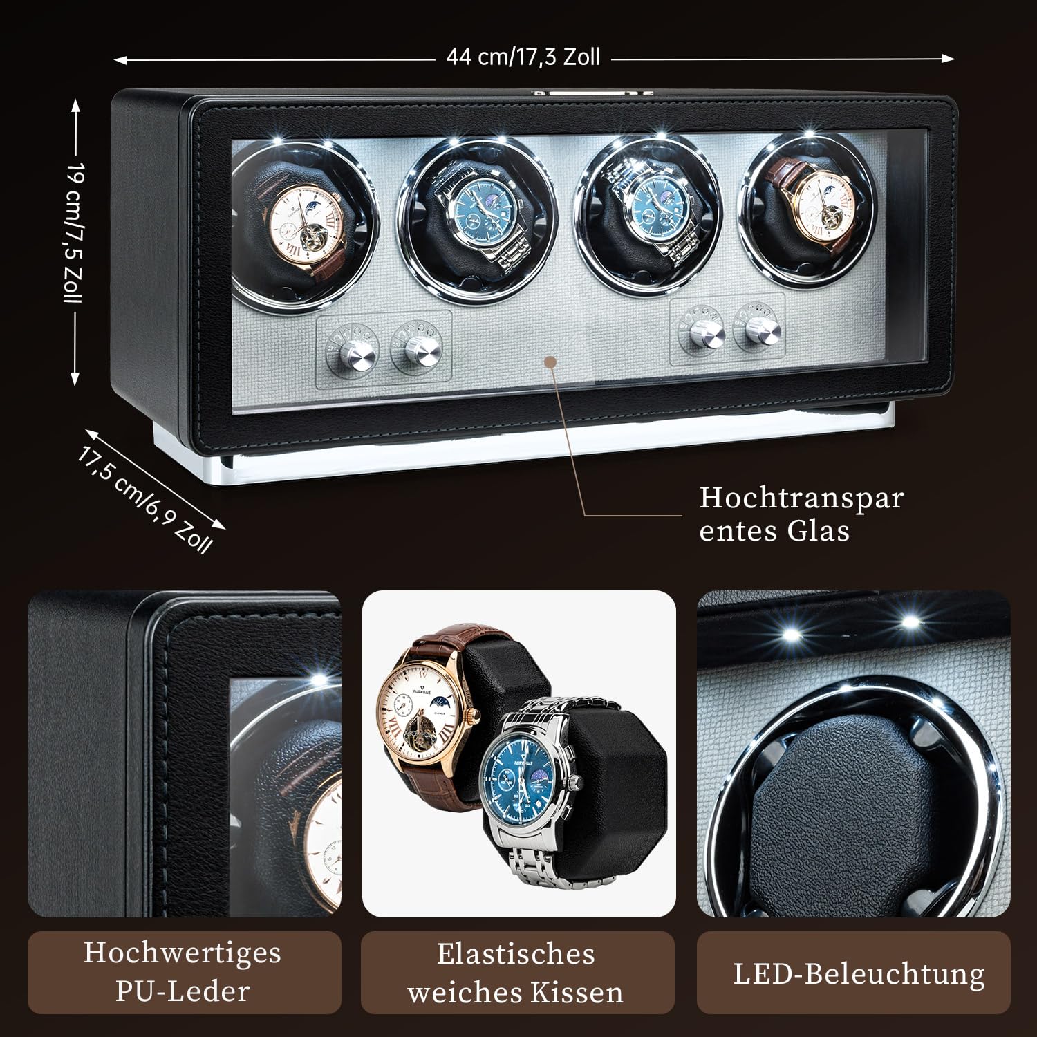 Mcbazel Rechteckige automatische Uhrenbewegerbox aus PU-Leder für 4 Uhren, ultraleiser Motor mit 4 Zifferblättern, LED-Lichtanzeige, 4 Rotationsmodi, Schwarz