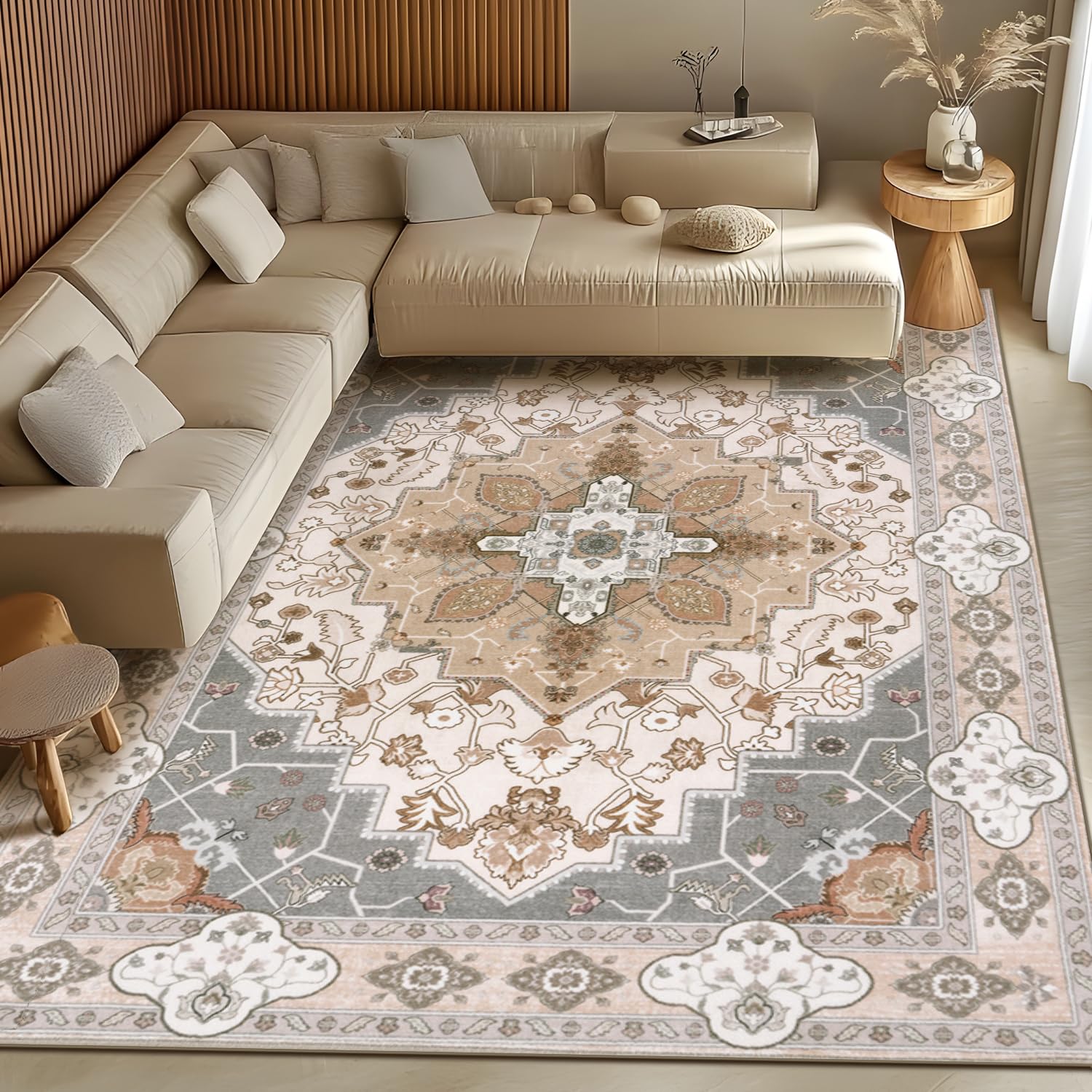 BSGIFT Alfombra para salón, 200 x 300 cm, lavable, estilo bohemio, vintage, de pelo corto, antideslizante, oriental, para comedor, dormitorio, exterior, muy suave, color beige