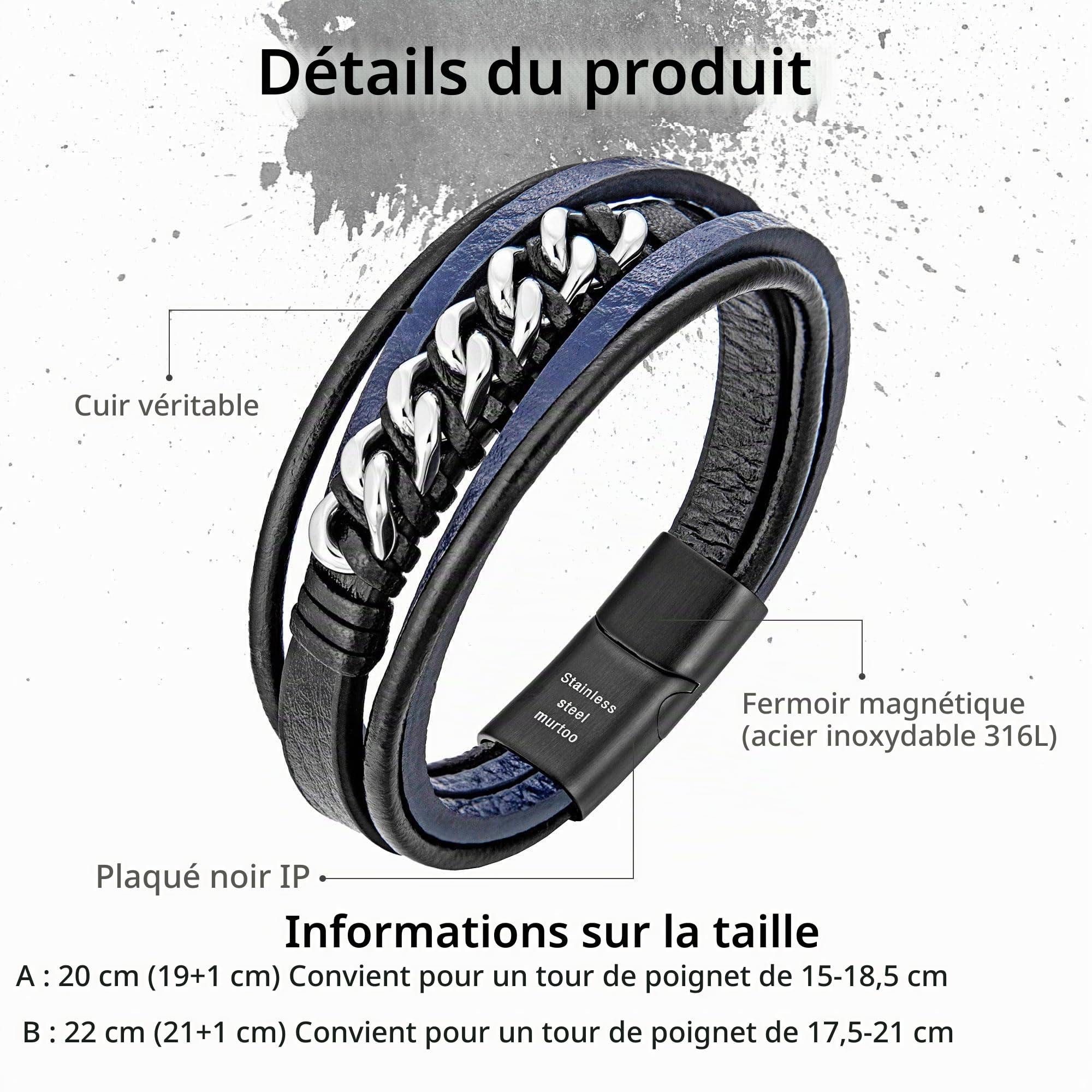 murtoo Bracelet homme, bracelet en cuir pour homme en noir et en marron, fermoir magnétique en acier inoxydable, excellente idée cadeau pour homme