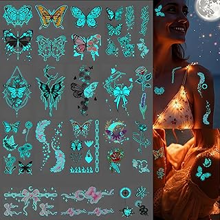 Glow In The Dark Tattoo 16 Sheets for Women Girls, UV Blacklight Reactiv...